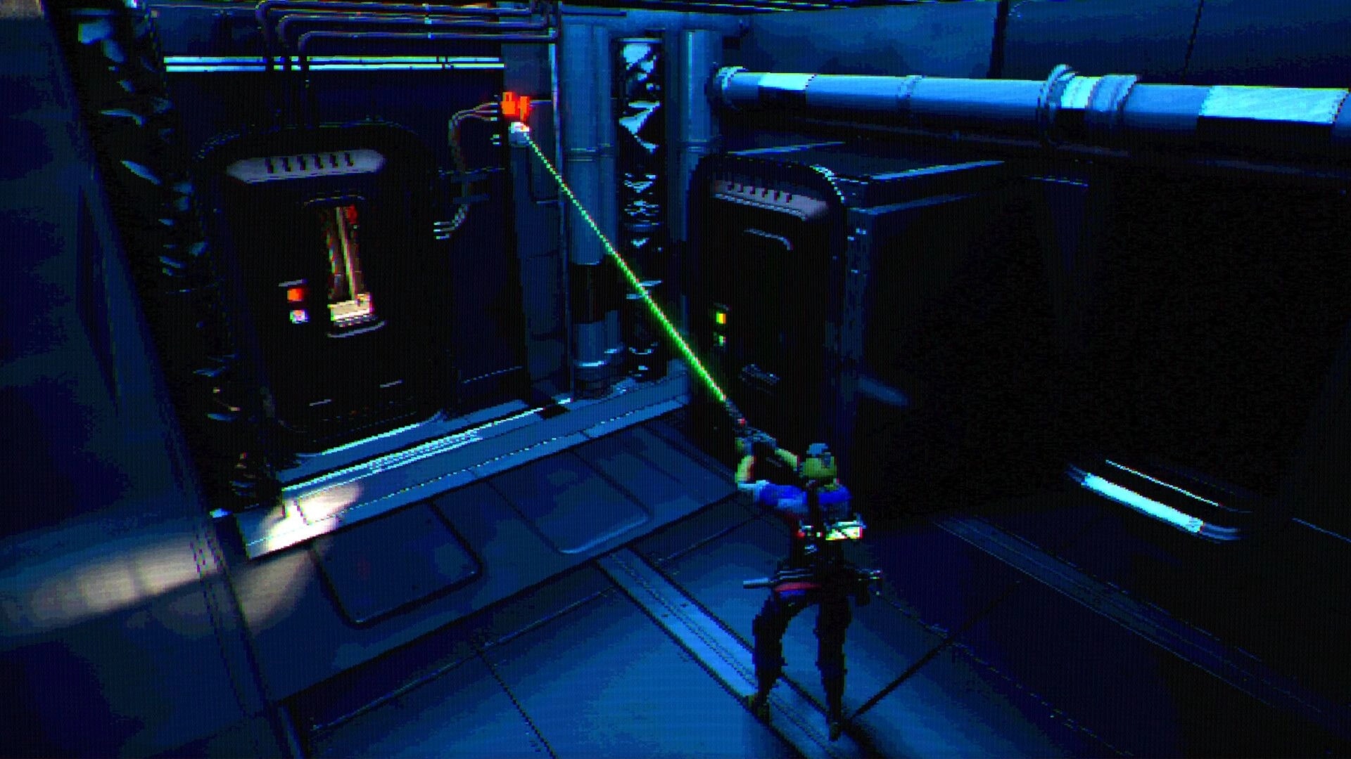 FEAR OF SLEEP: Player aims a green laser tool at a wall switch in a dim industrial corridor