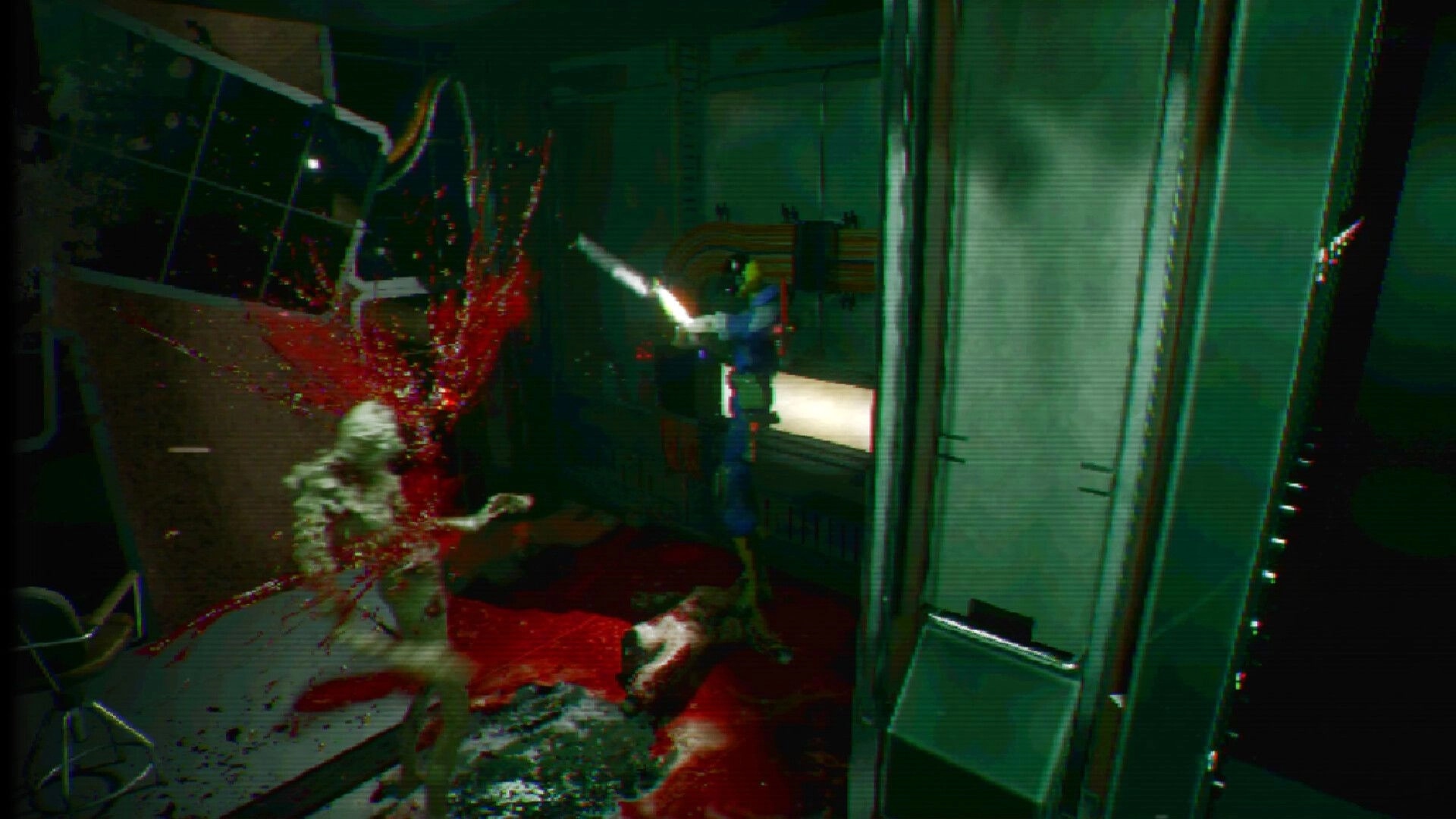 FEAR OF SLEEP: Armored survivor slashes a pale monster, blood sprays in cramped metal corridor