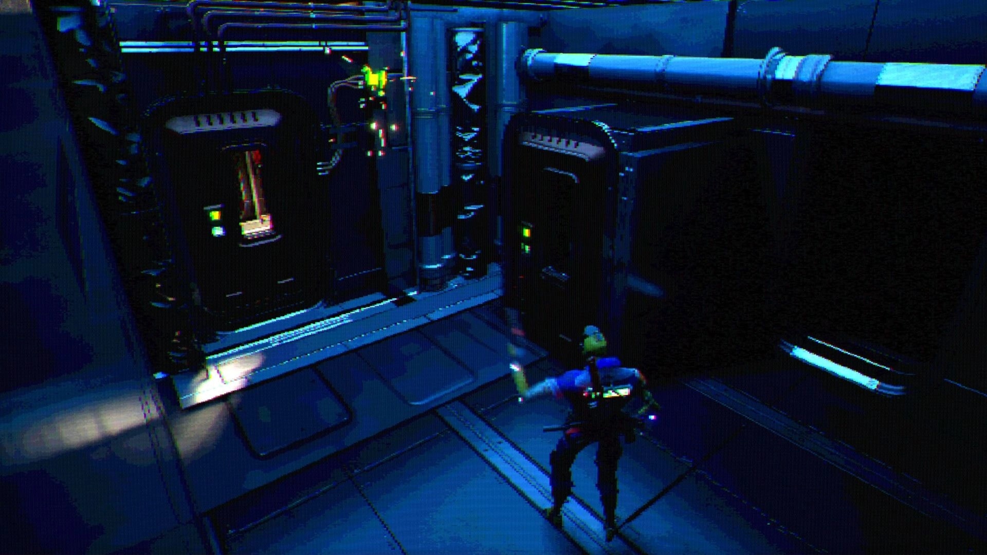FEAR OF SLEEP: Armored character aims flashlight at sparking wall panel in dim industrial corridor