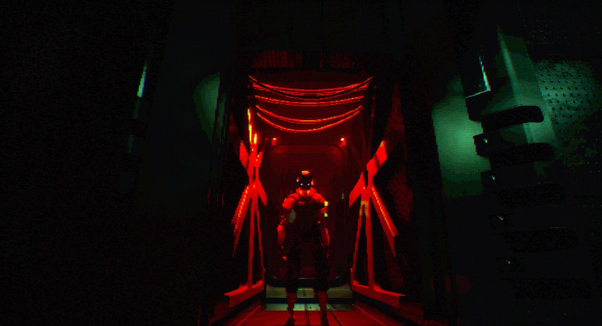 FEAR OF SLEEP: Armored figure stands in a red-lit corridor with hanging cables and warning decals