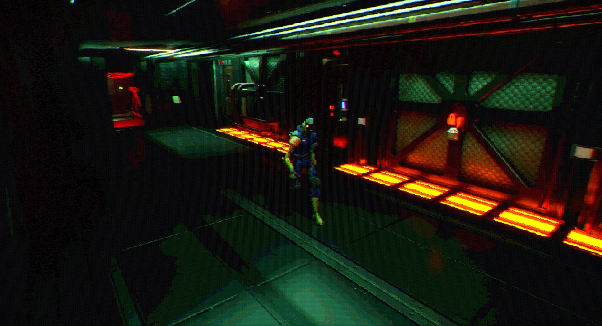 FEAR OF SLEEP: Armored character walking a dim sci-fi corridor with red floor lights and bulkhead doors