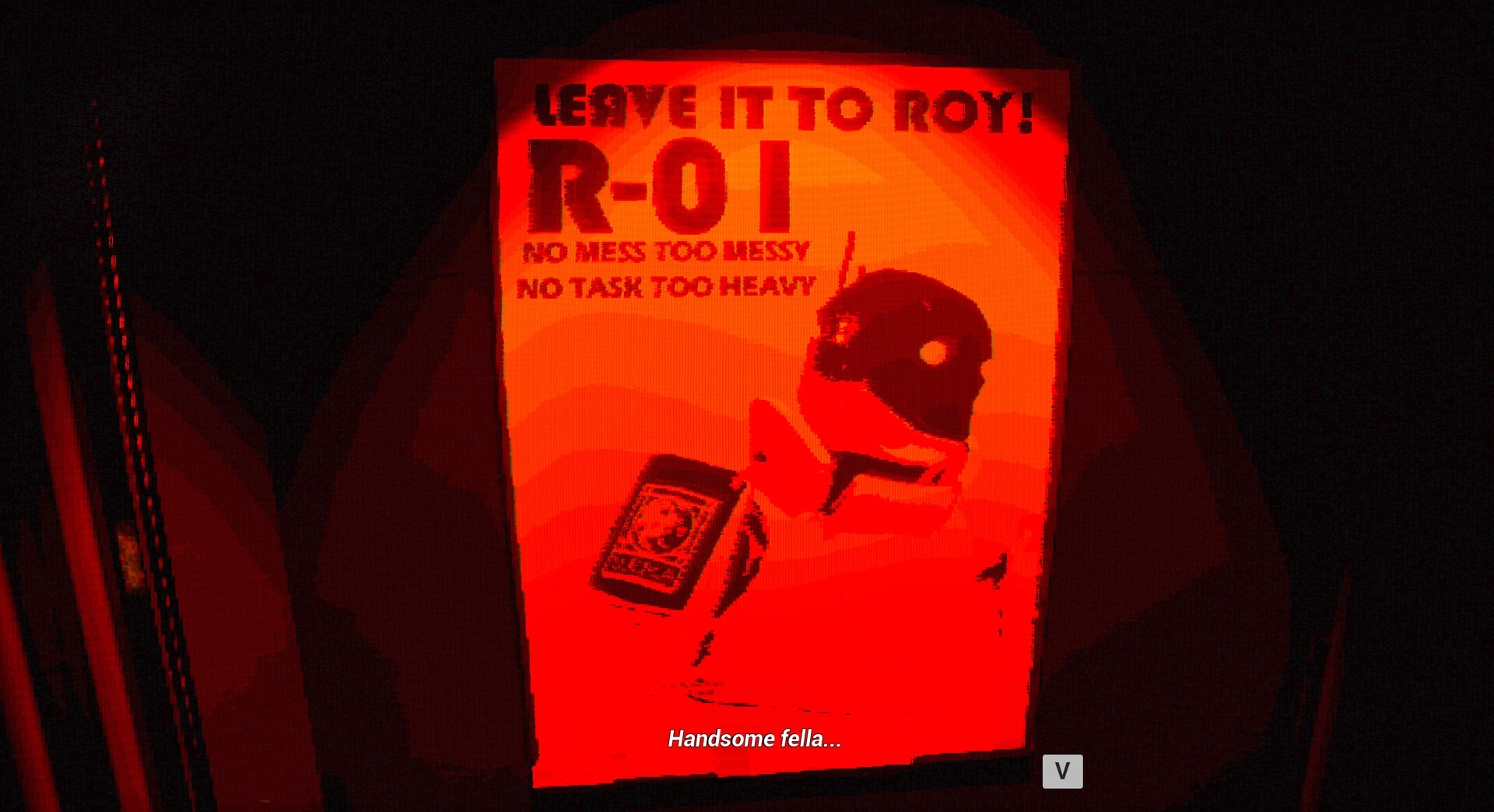 FEAR OF SLEEP: Inspecting a red R-01 robot poster with subtitle text in a dim industrial corridor