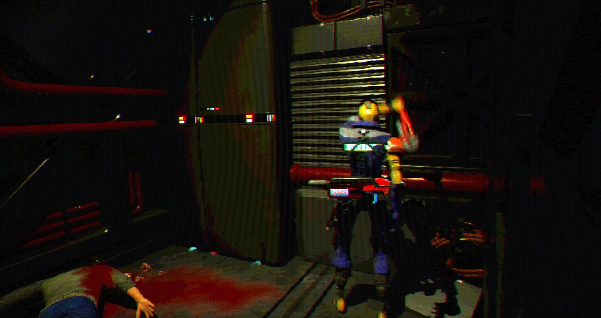 FEAR OF SLEEP: Armored soldier with rifle stands by a metal shutter in a bloody sci-fi corridor