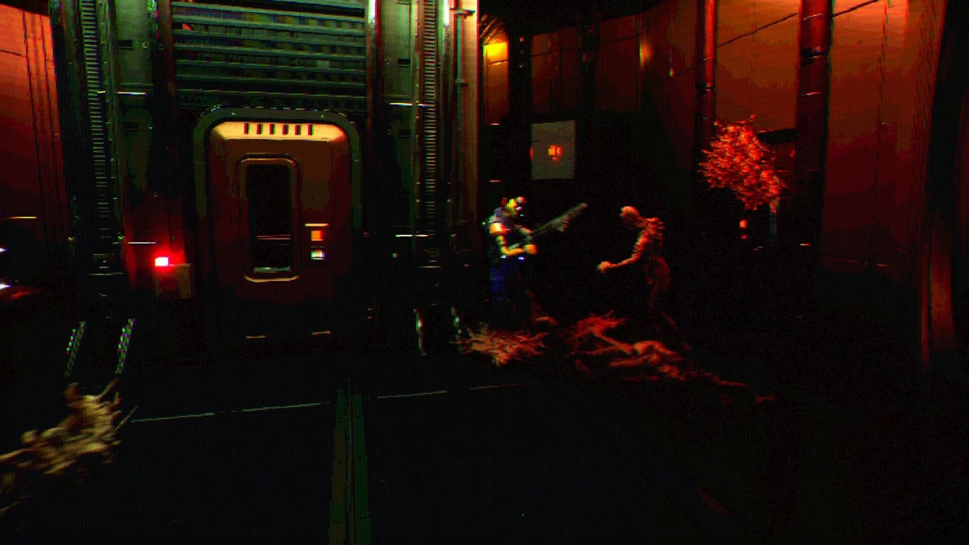 FEAR OF SLEEP: Armored soldier aims a shotgun at a humanoid in a blood-streaked sci-fi corridor