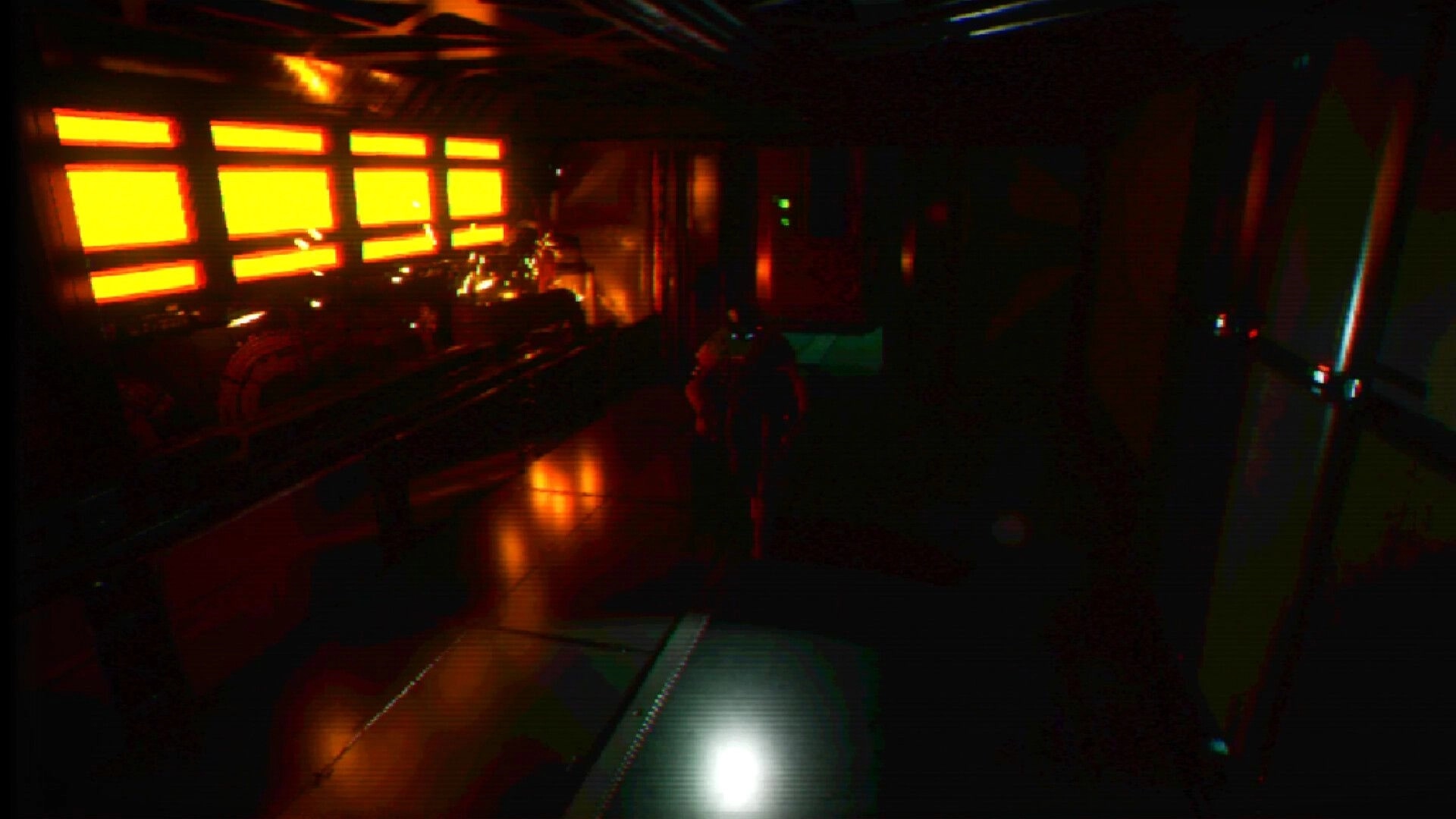 FEAR OF SLEEP: Third-person character runs down a dim corridor lit by blazing orange windows and sparks