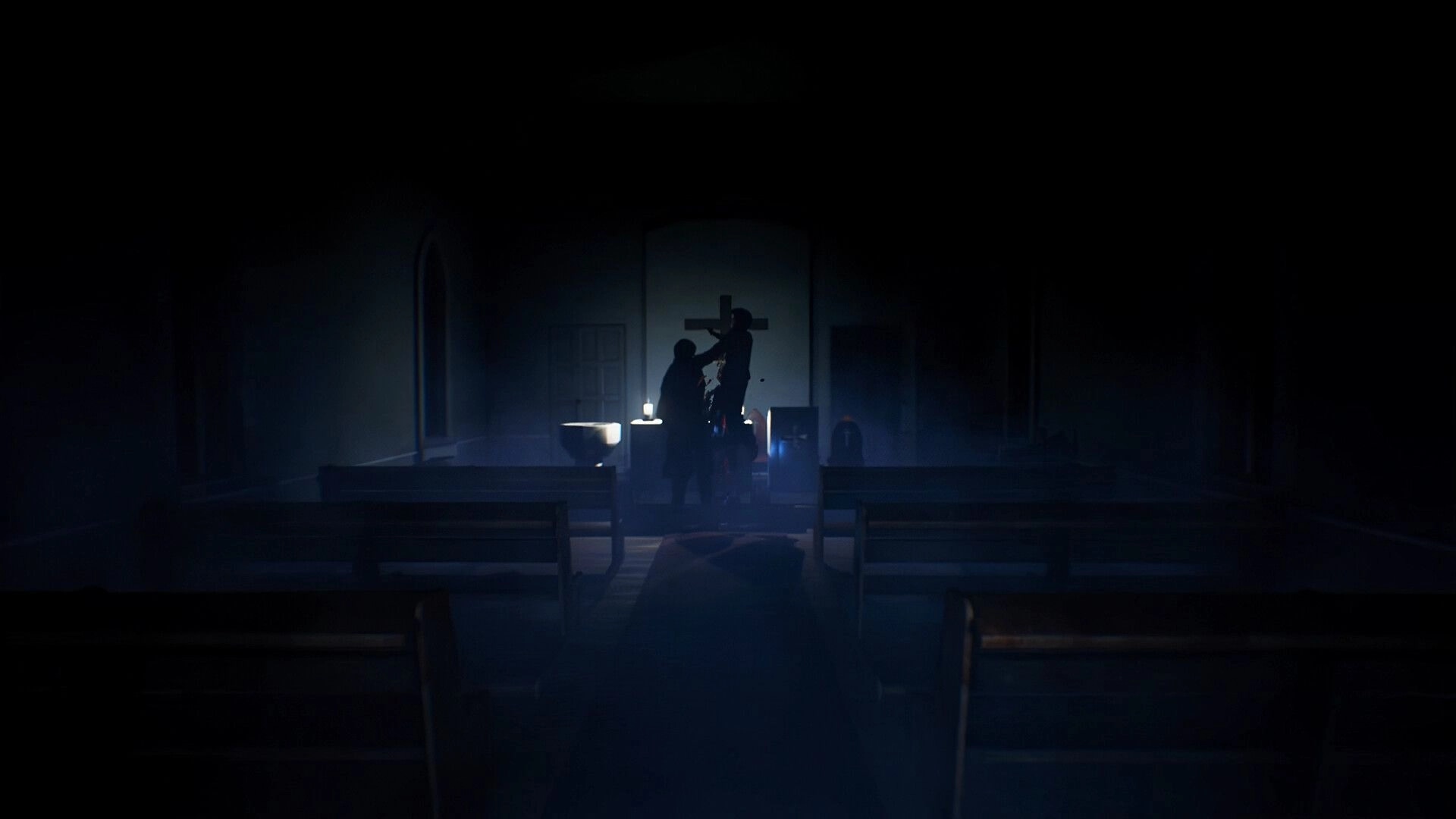 Fear The Reaper: Silhouetted figure attacks another in dark, eerie church setting with dim lighting.