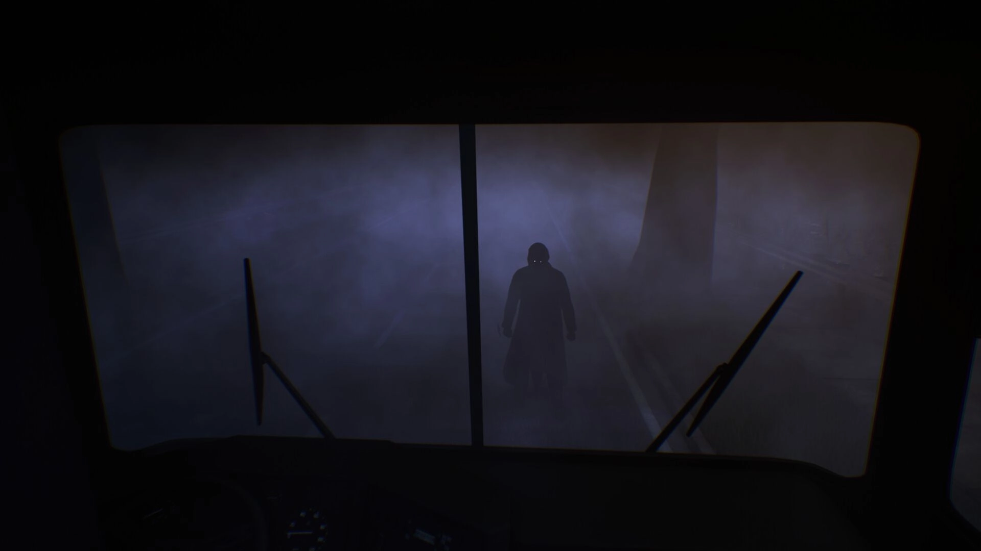 Fear The Reaper: Mysterious figure with glowing eyes stands outside a foggy vehicle windshield at night.