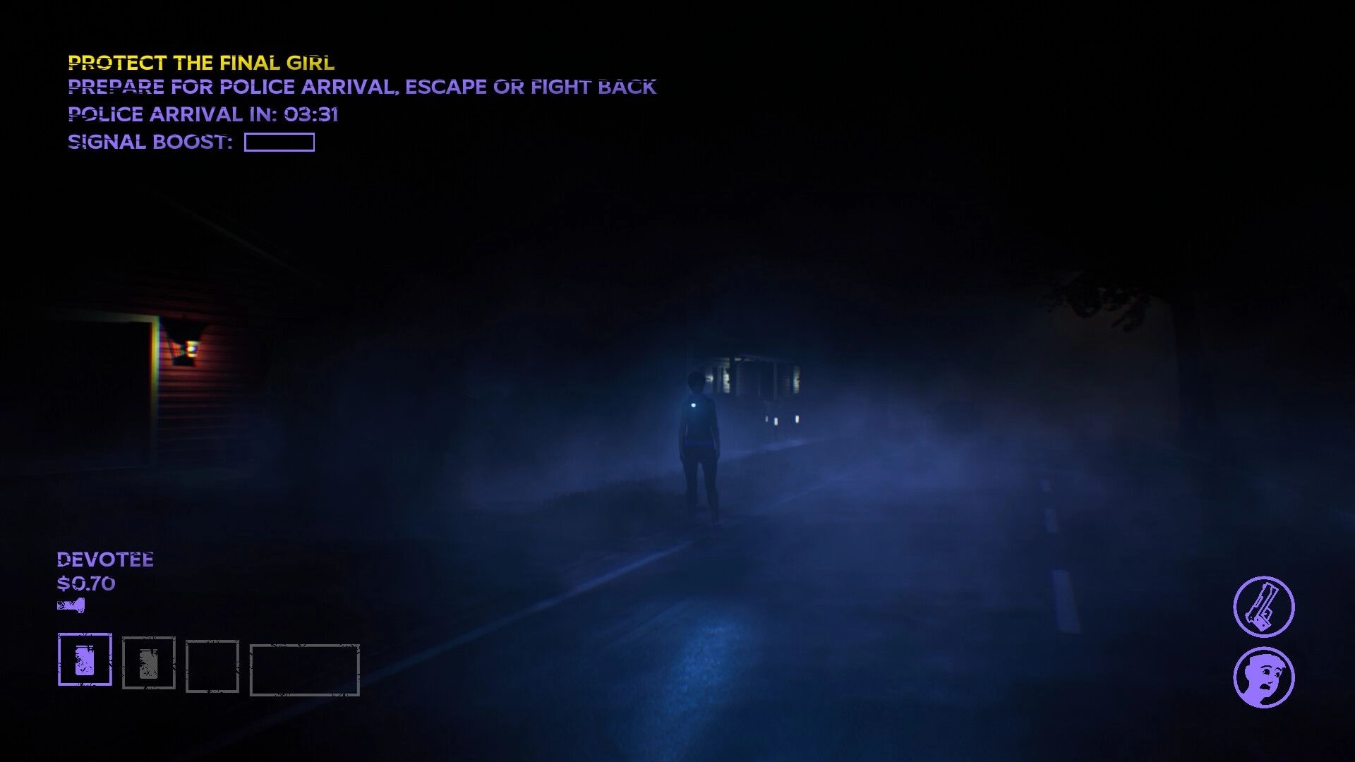 Fear The Reaper: Player stands on foggy road with task to protect final girl, UI displays objectives.