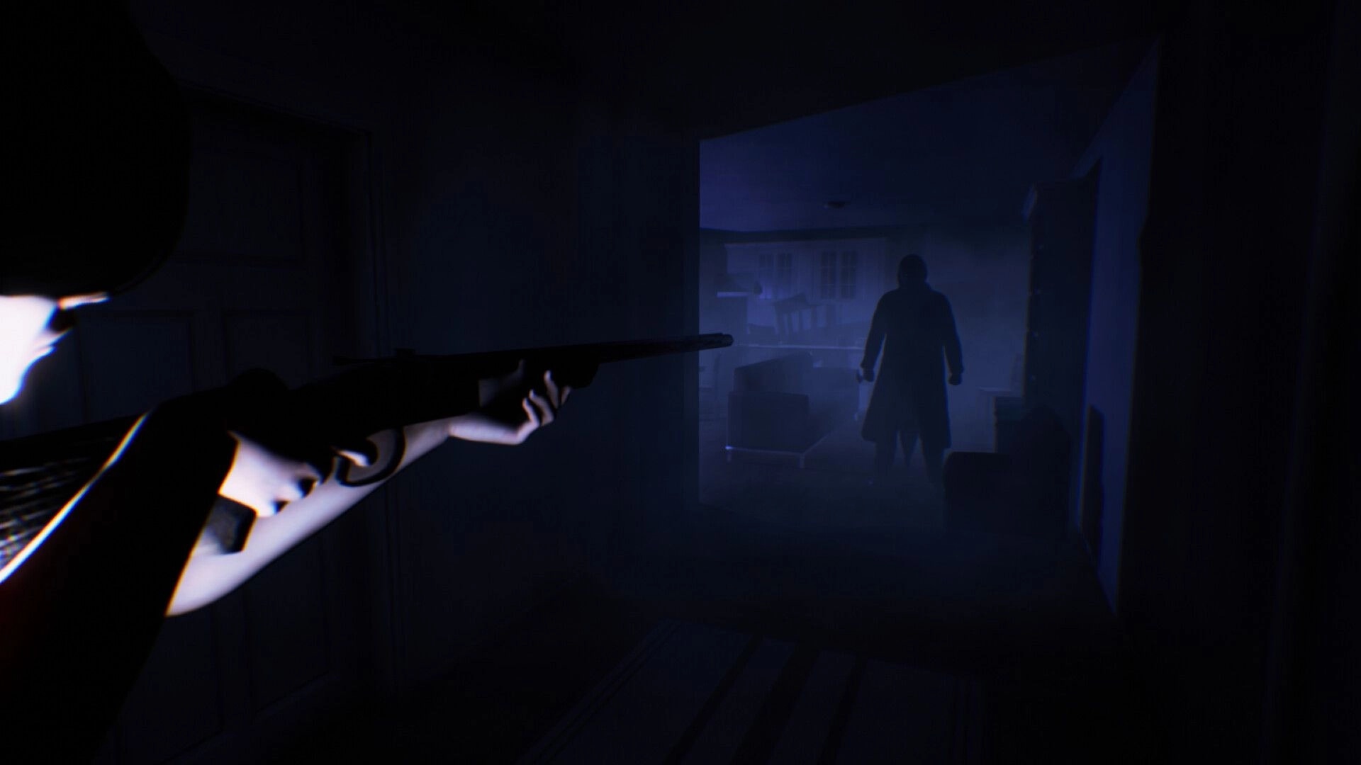 Fear The Reaper: Player aiming rifle at shadowy figure in dark, eerie hallway of a dimly lit house