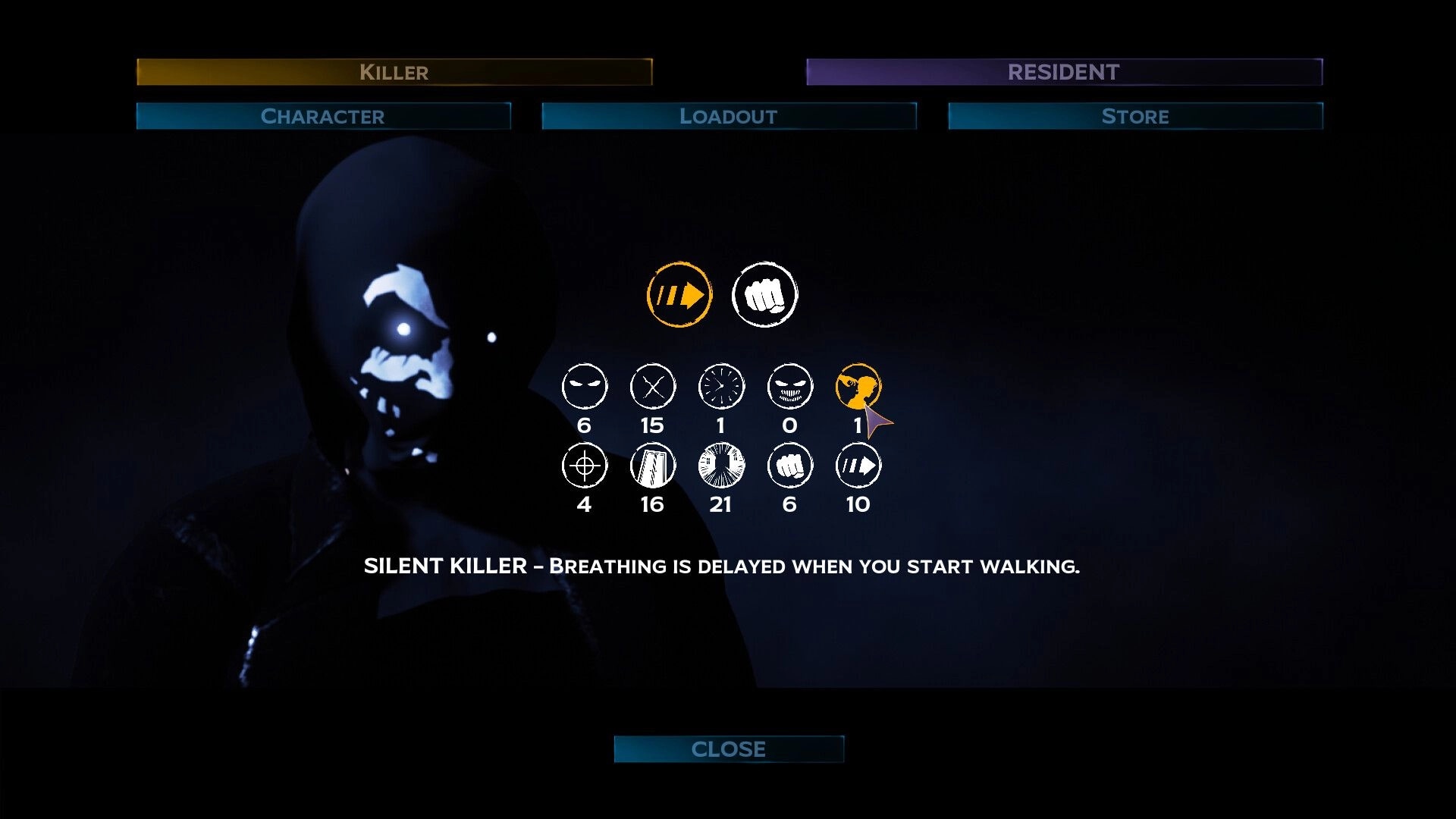 Fear The Reaper: Character selection screen featuring Silent Killer stats and abilities in dark setting