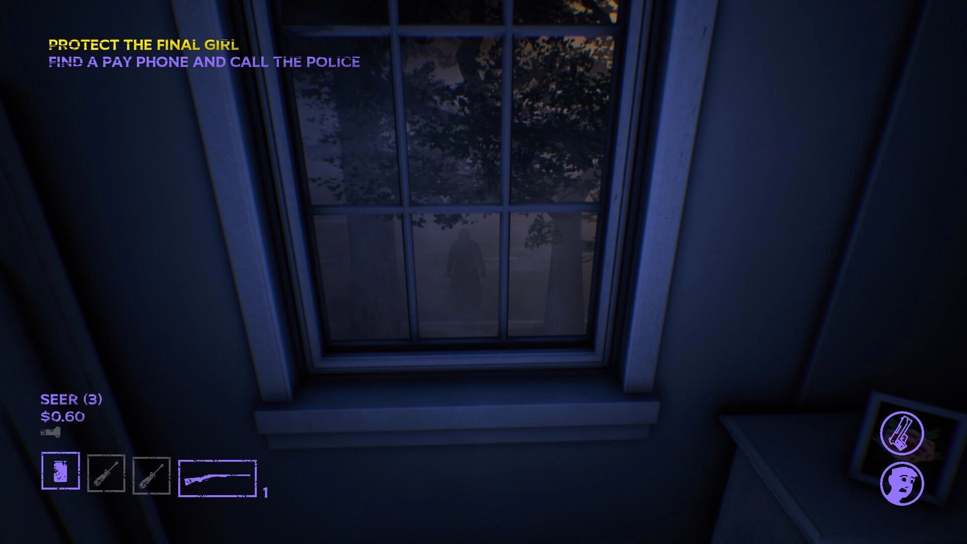 Fear The Reaper: Silhouette outside window with task prompts and weapon inventory in dark room setting
