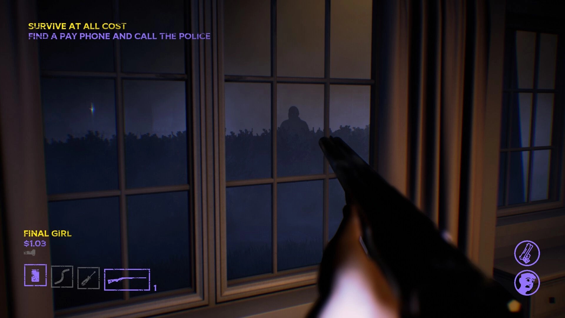 Fear The Reaper: Player aims shotgun at shadowy figure outside window in dark room with survival prompts