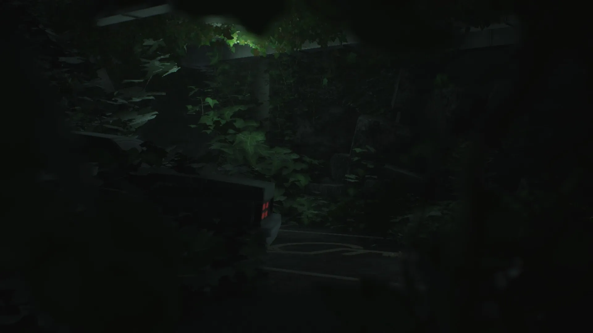 Fear The Timeloop: Dark forest environment with a car partially hidden by dense foliage and dim lighting.