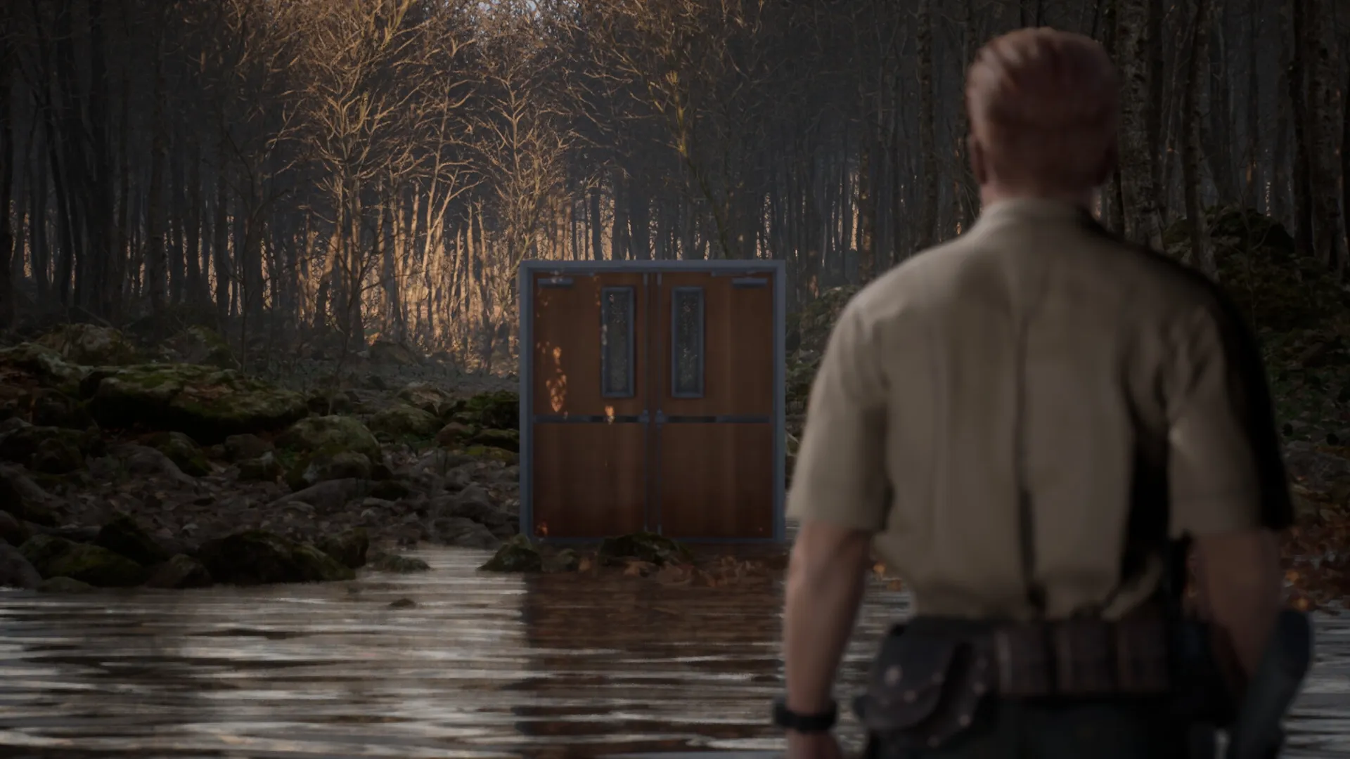Fear The Timeloop: Protagonist approaches mysterious door in eerie forest setting, reflecting on water