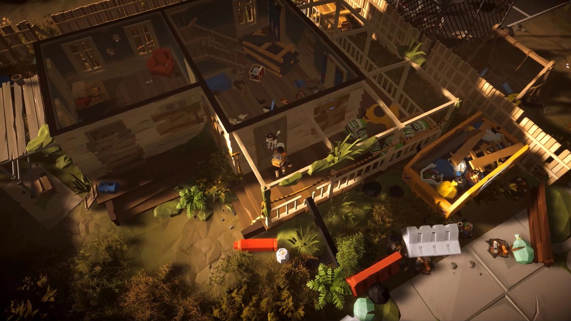 Fear Tide: Player and dog explore a looted house interior, searching rooms amid debris and fences.