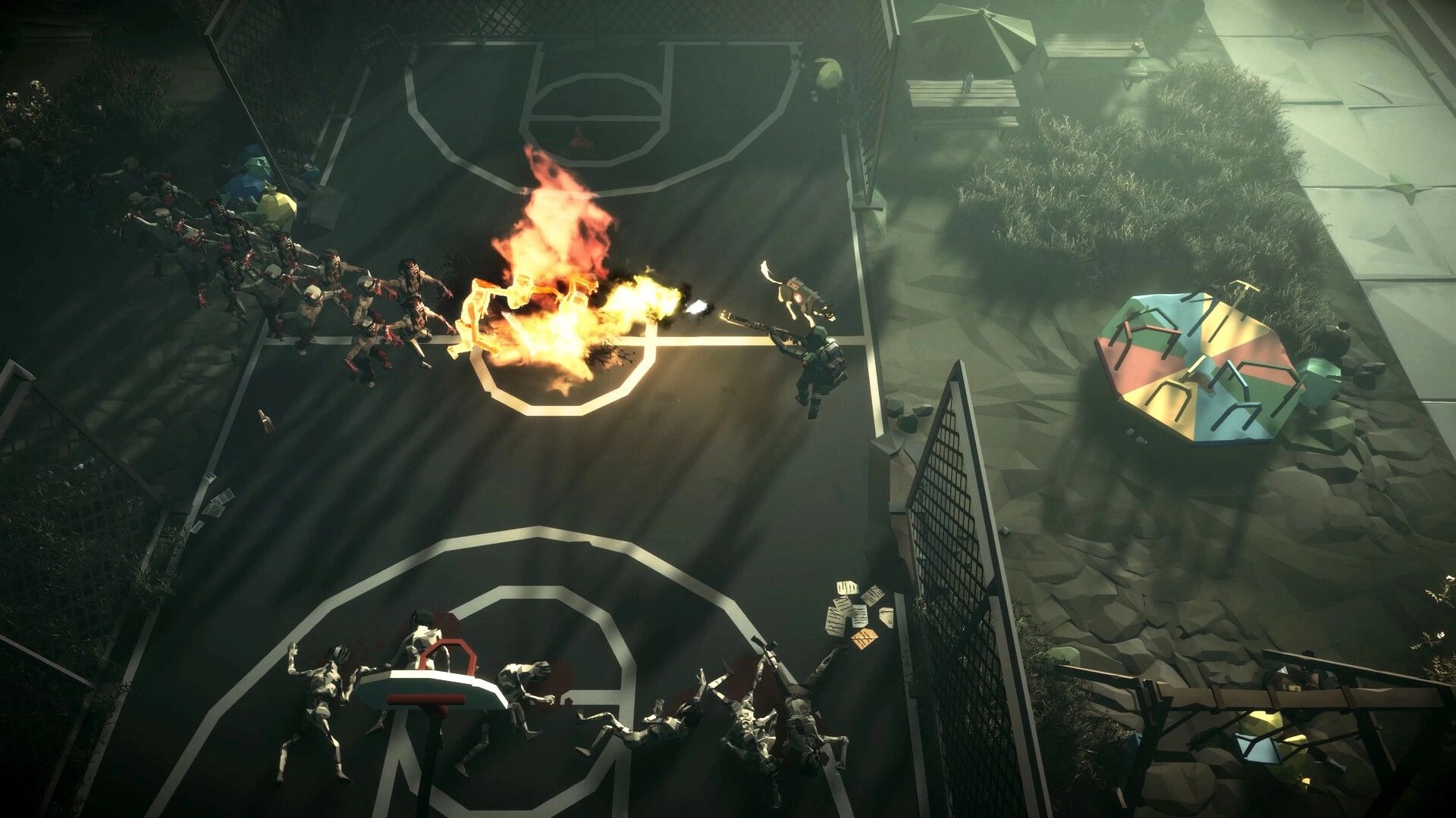 Fear Tide: Survivor uses flamethrower on zombie horde on fenced basketball court by playground benches.