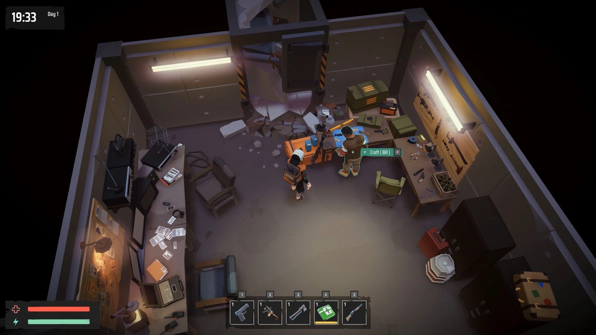 Fear Tide: Player interacts with Craft (Bill) prompt in cluttered bunker workshop room with hotbar UI.