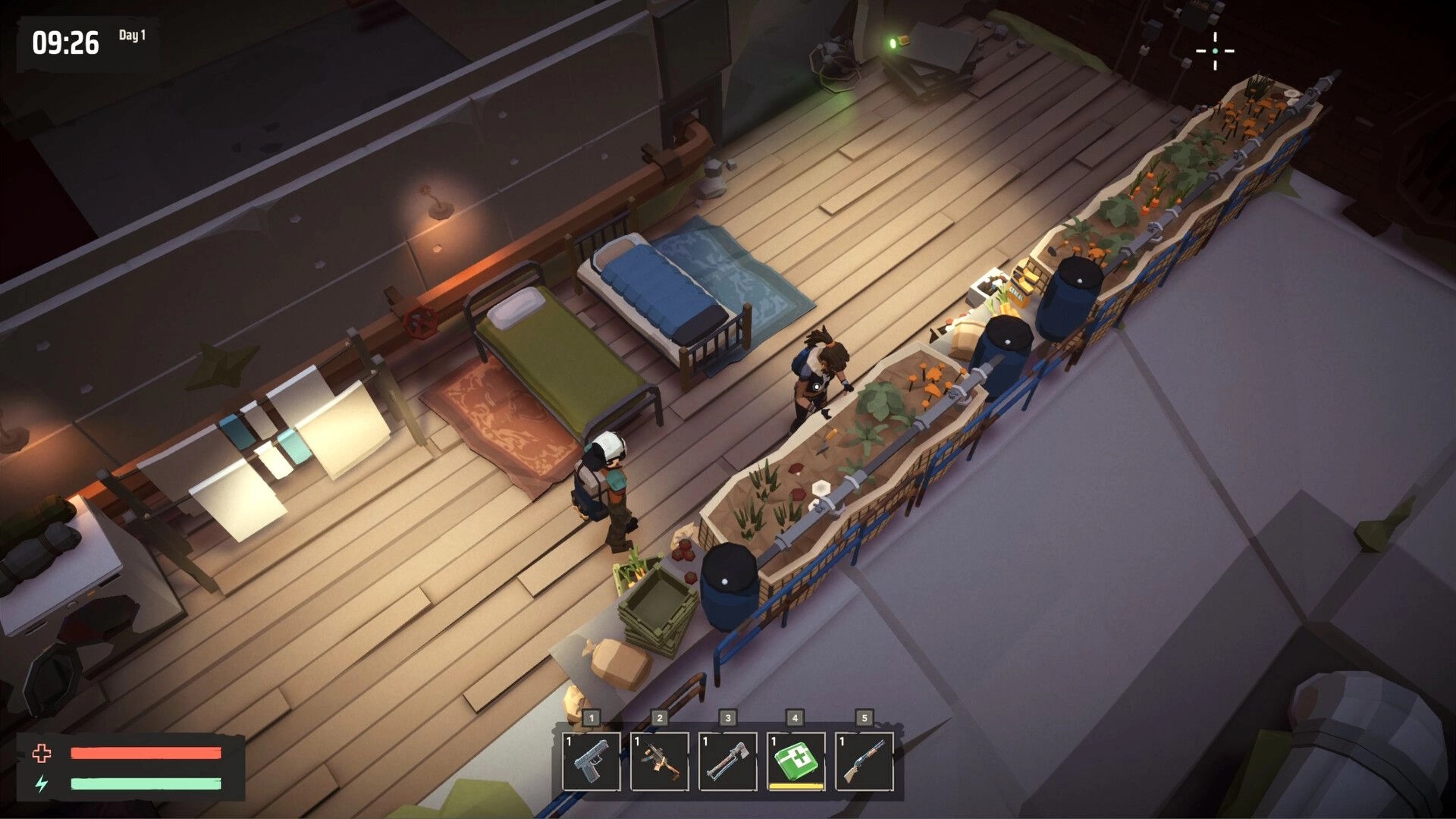 Fear Tide: Two survivors in a rooftop shelter with beds and planter boxes, hotbar and health UI visible.