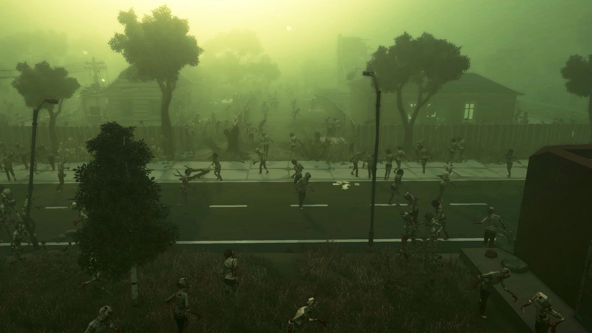 Fear Tide: Horde of zombies flooding a street and yards in a foggy suburban neighborhood at dusk.