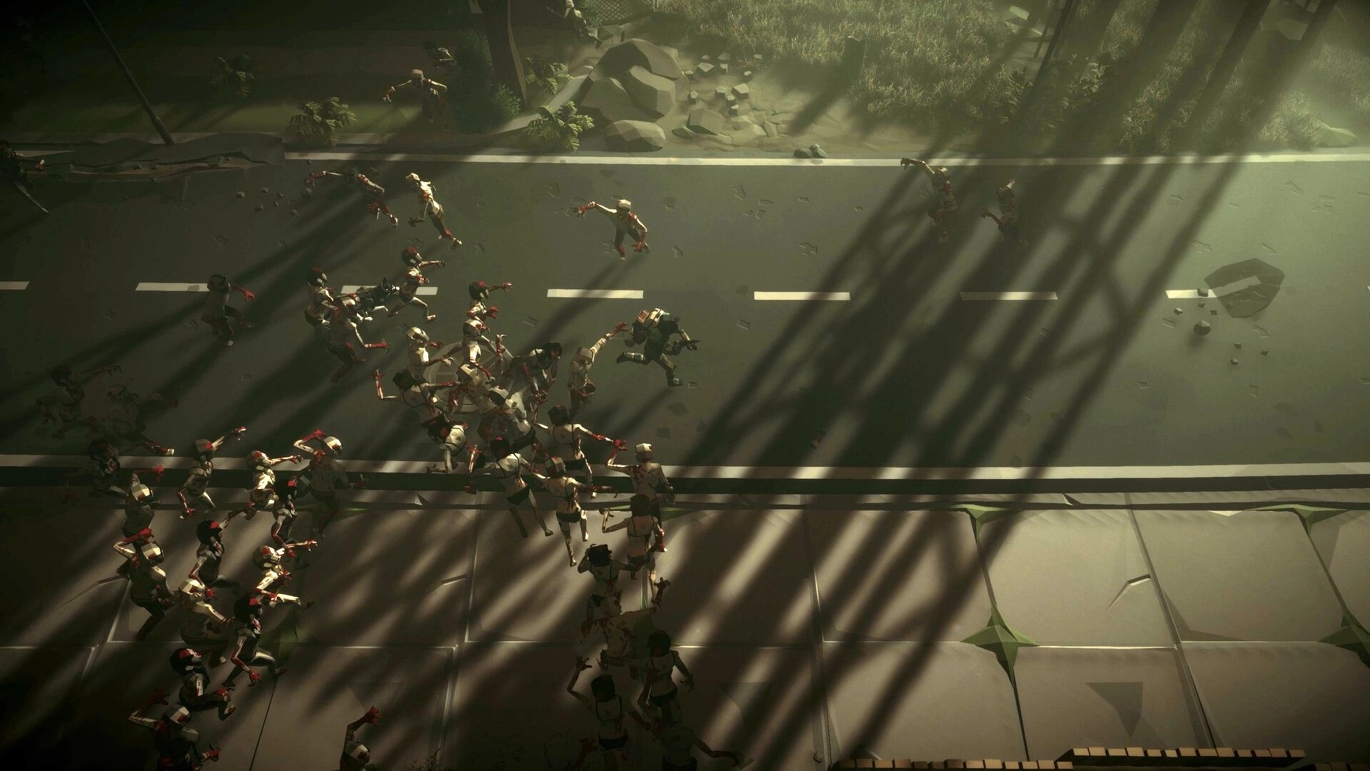 Fear Tide: Overhead view of survivor being swarmed by zombies on a sunlit highway road.
