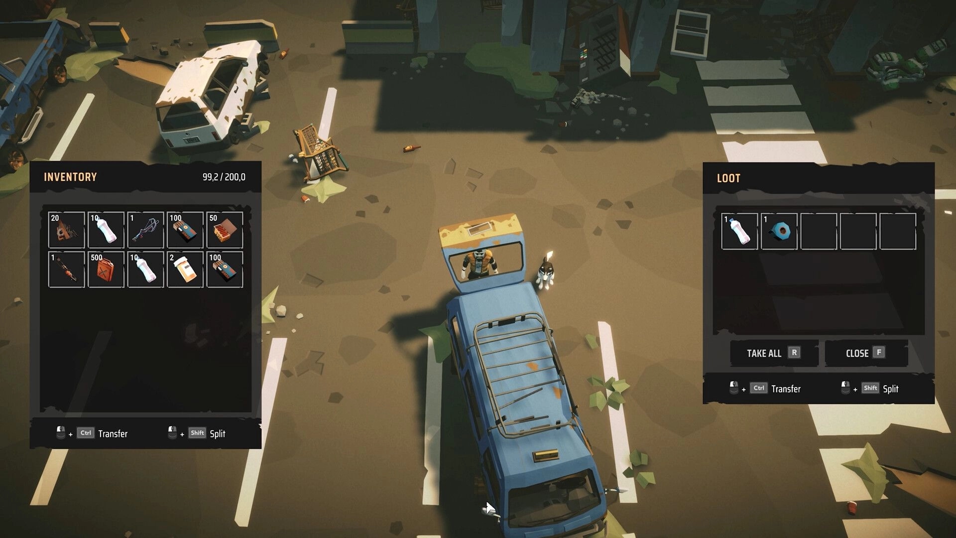 Fear Tide: Inventory and loot transfer UI beside player and dog at a crashed car roadblock scene.