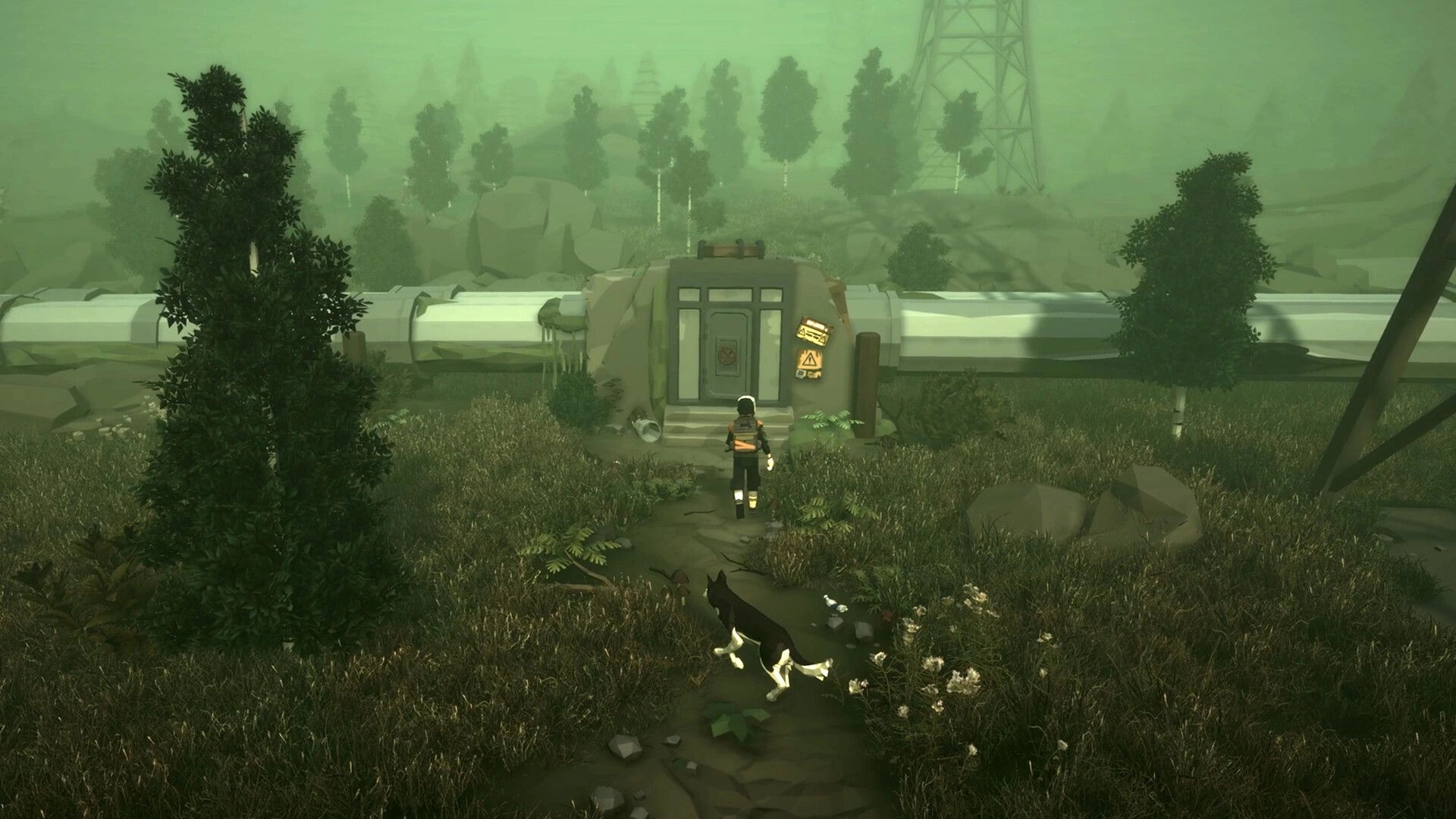 Fear Tide: Player and dog approach a bunker door in a foggy forest clearing by huge pipes.
