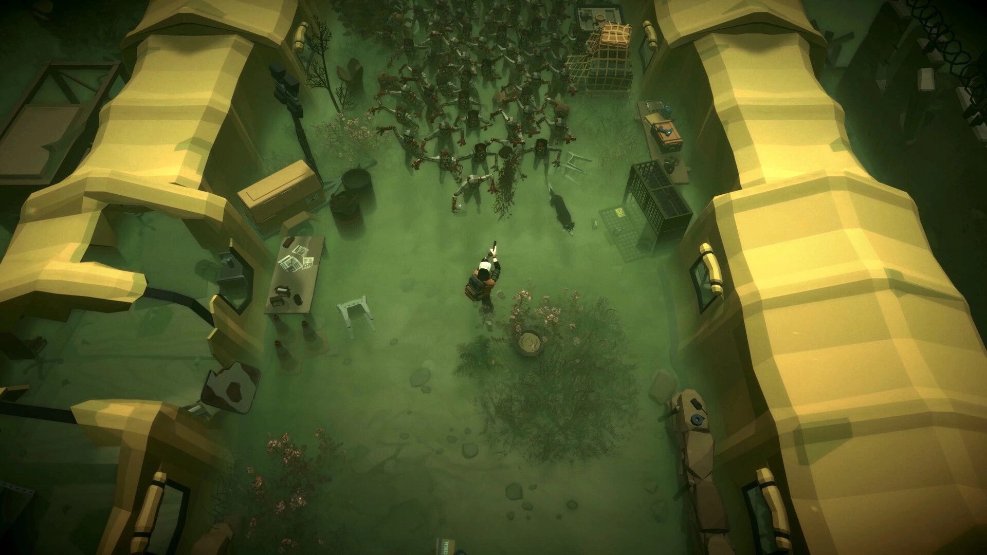 Fear Tide: Top-down survivor aims rifle at zombie swarm in foggy camp between tents and crates.