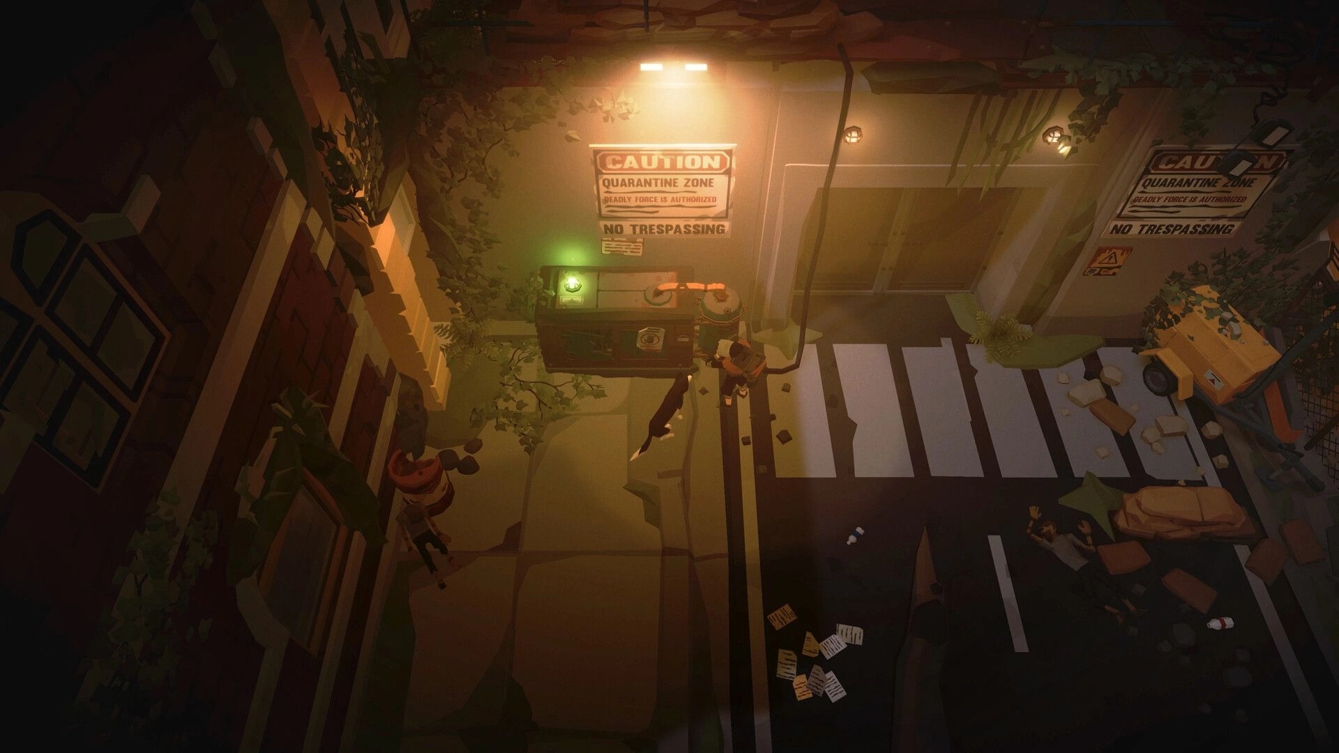 Fear Tide: Player and dog looting a crate by quarantine gate under floodlights on a deserted street.
