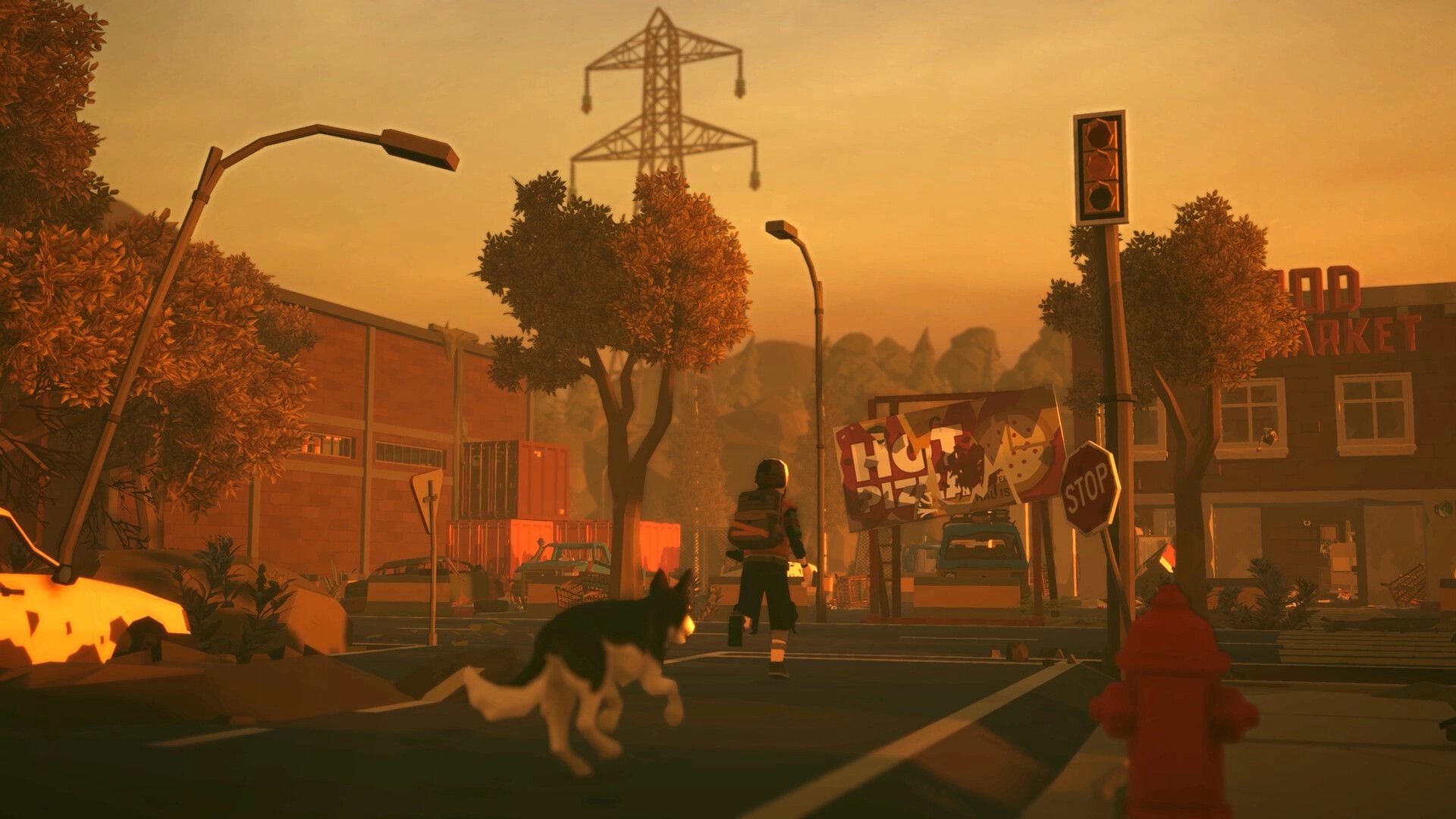 Fear Tide: Survivor and dog jog down a deserted street past a market, stop sign, and billboard at dusk.