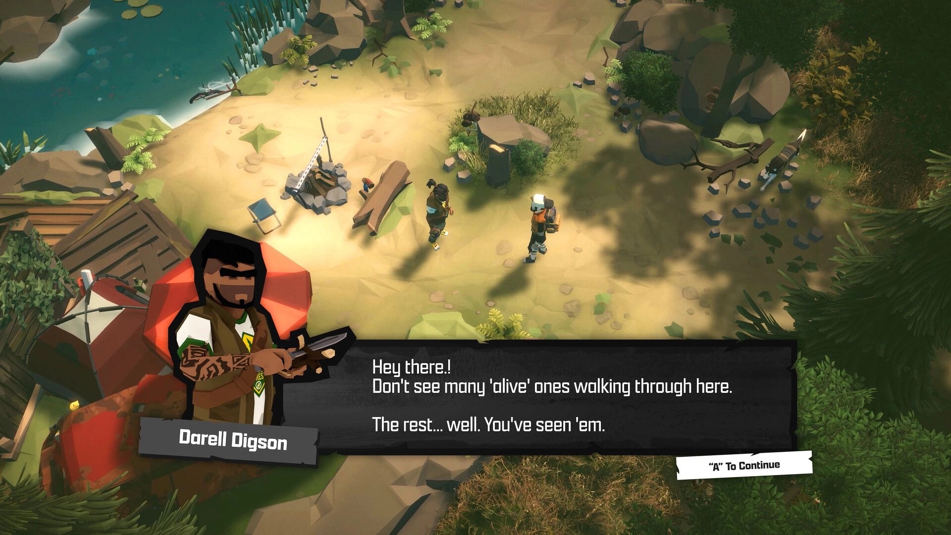 Fear Tide: Dialogue with Darrell Digson as two survivors meet at a riverside camp clearing.