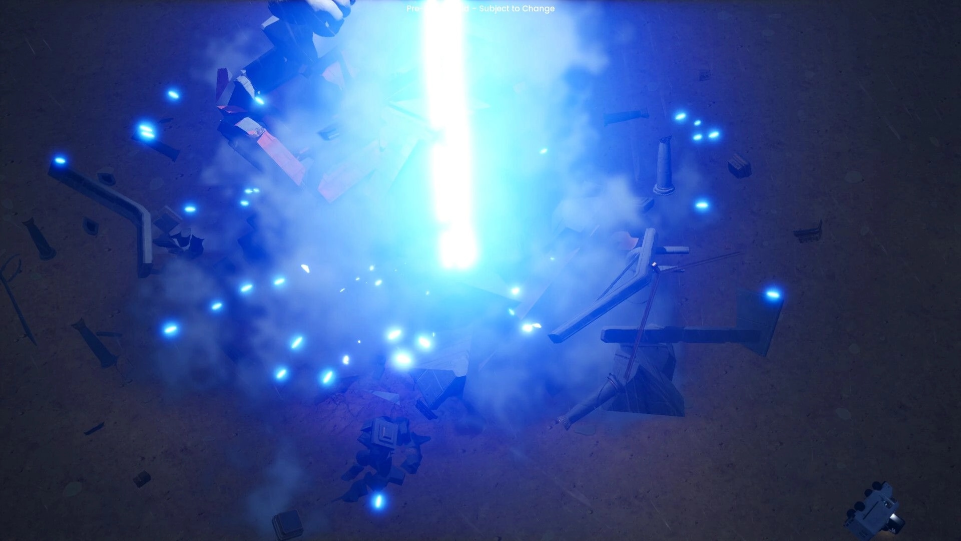 F.E.A.S.T: Bright blue energy beam amidst scattered debris on a dark, barren ground.