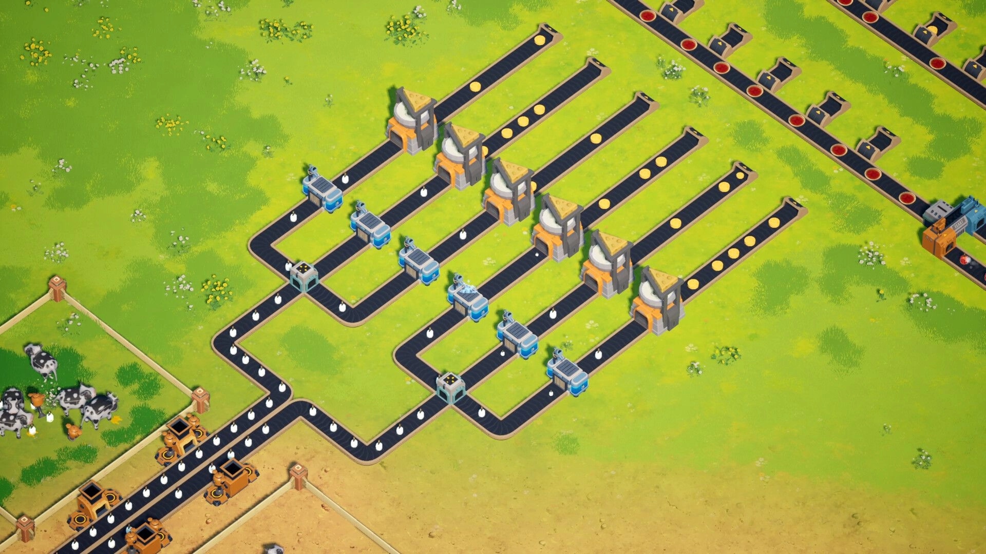 F.E.A.S.T: Conveyor belts and machinery automate farming in a lush green field with cows and chickens.