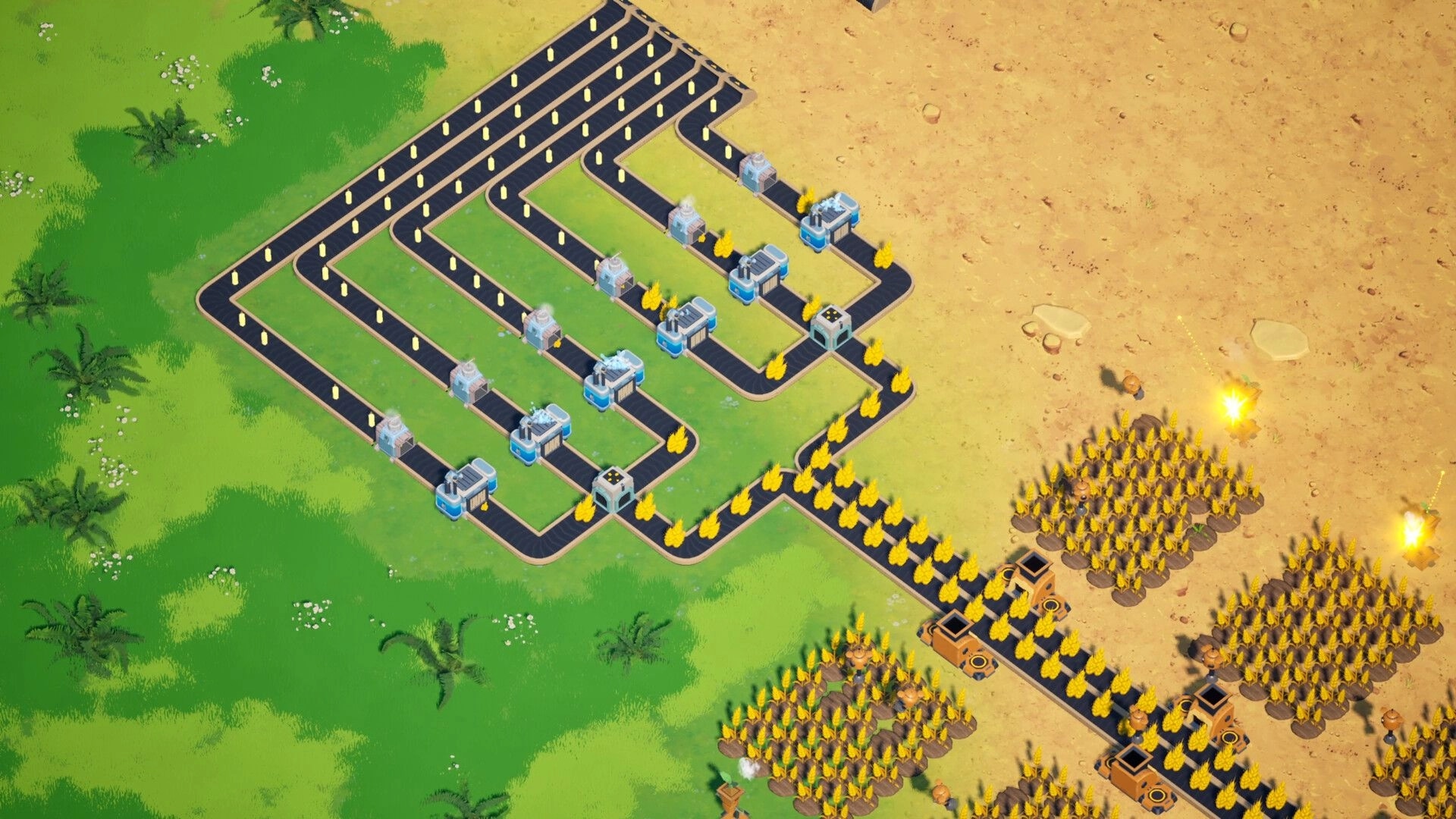 F.E.A.S.T: Conveyor belts and automation machines in a lush farming area next to a golden wheat field