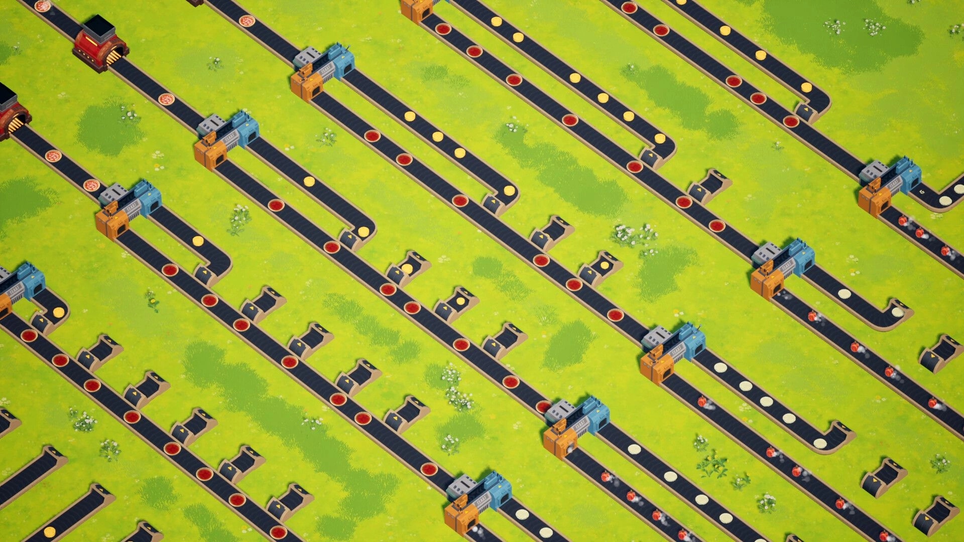 F.E.A.S.T: Conveyor belts transport ingredients across a grassy field with automated machines.