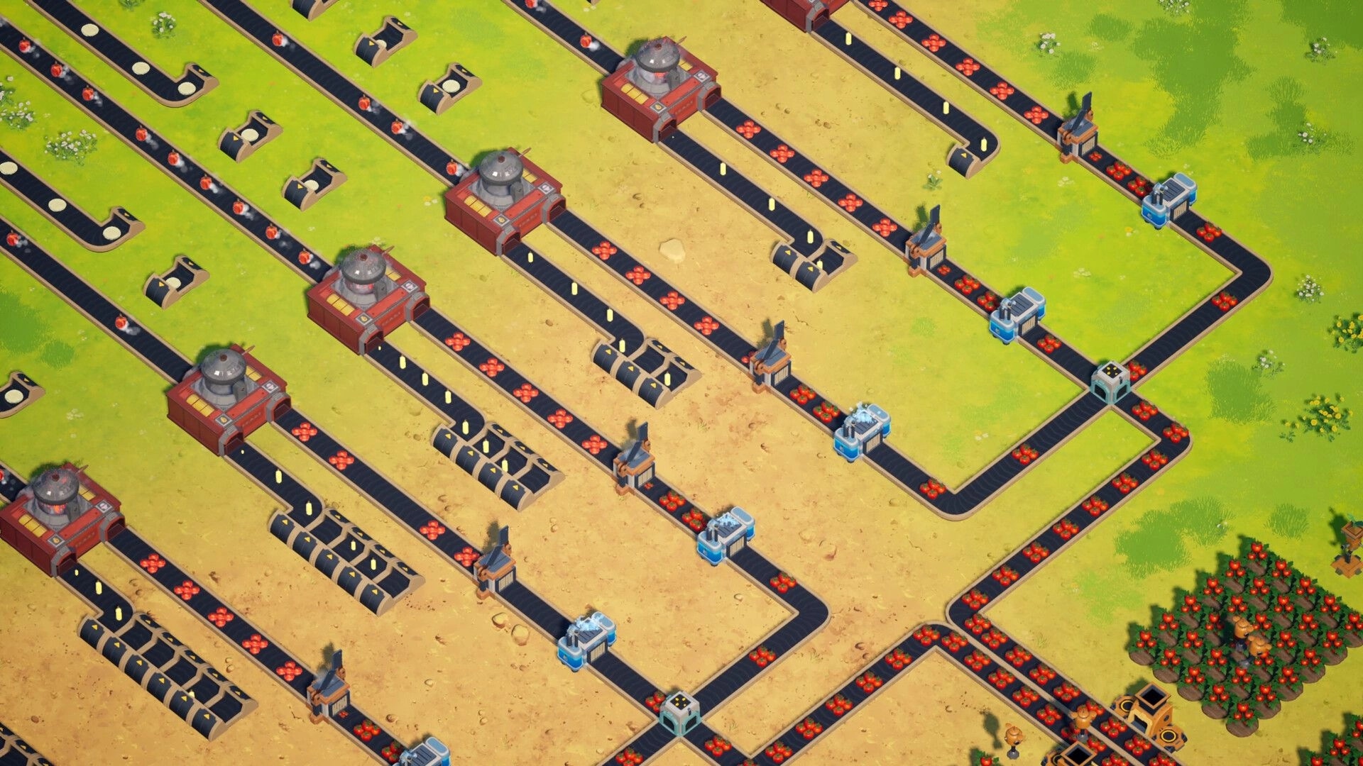 F.E.A.S.T: Conveyor belts transport resources between automated factories on a grassy and barren terrain.