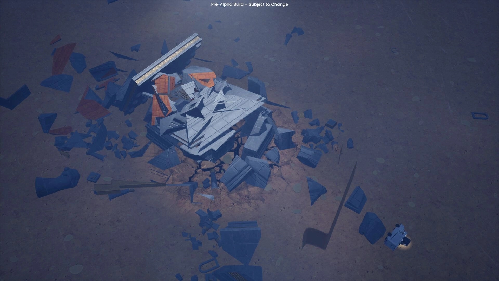 F.E.A.S.T: Collapsed structure in a barren landscape with scattered debris and distant light source.