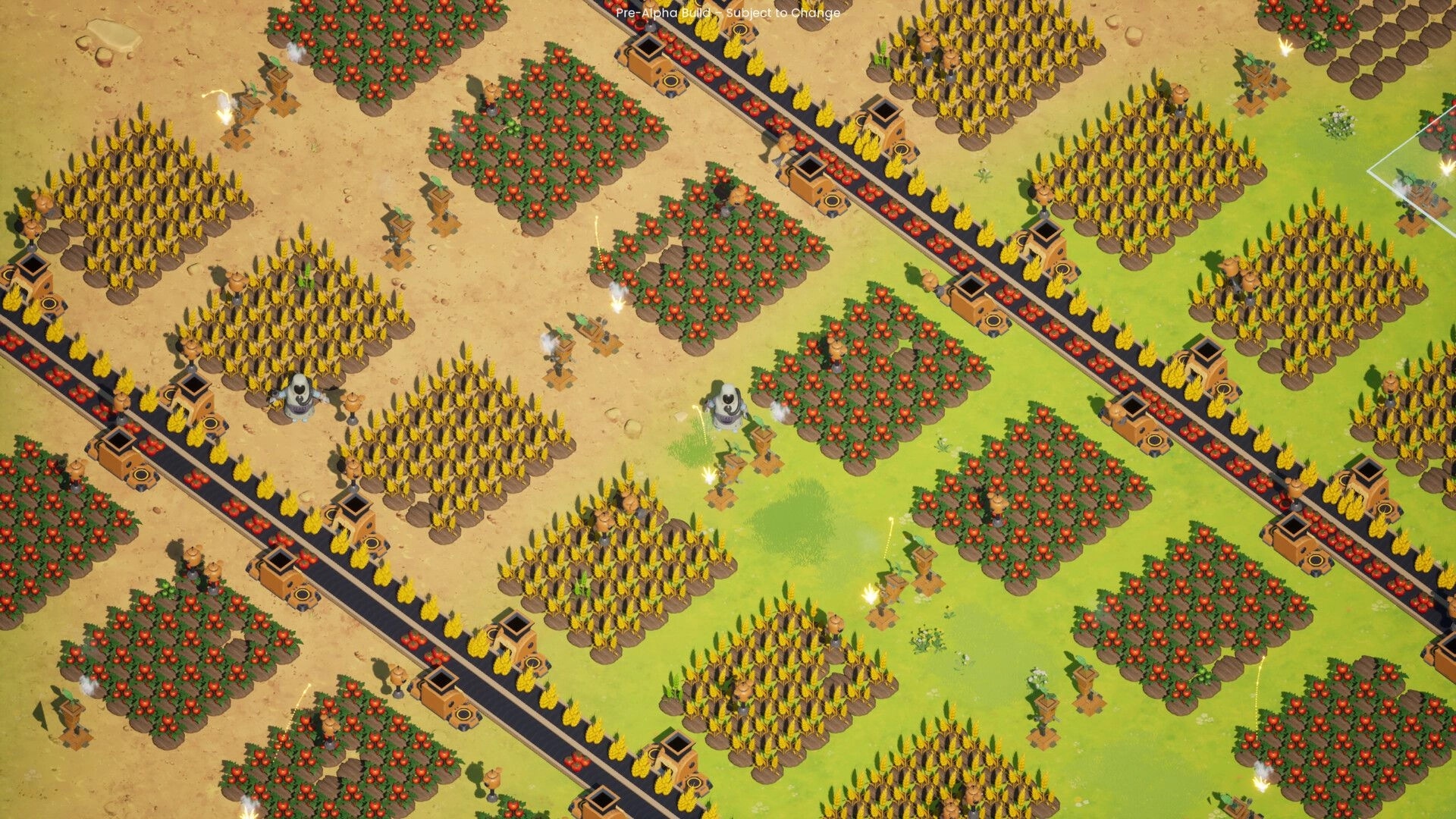 F.E.A.S.T: Automated farming with conveyor belts transporting wheat and tomatoes in a grid layout