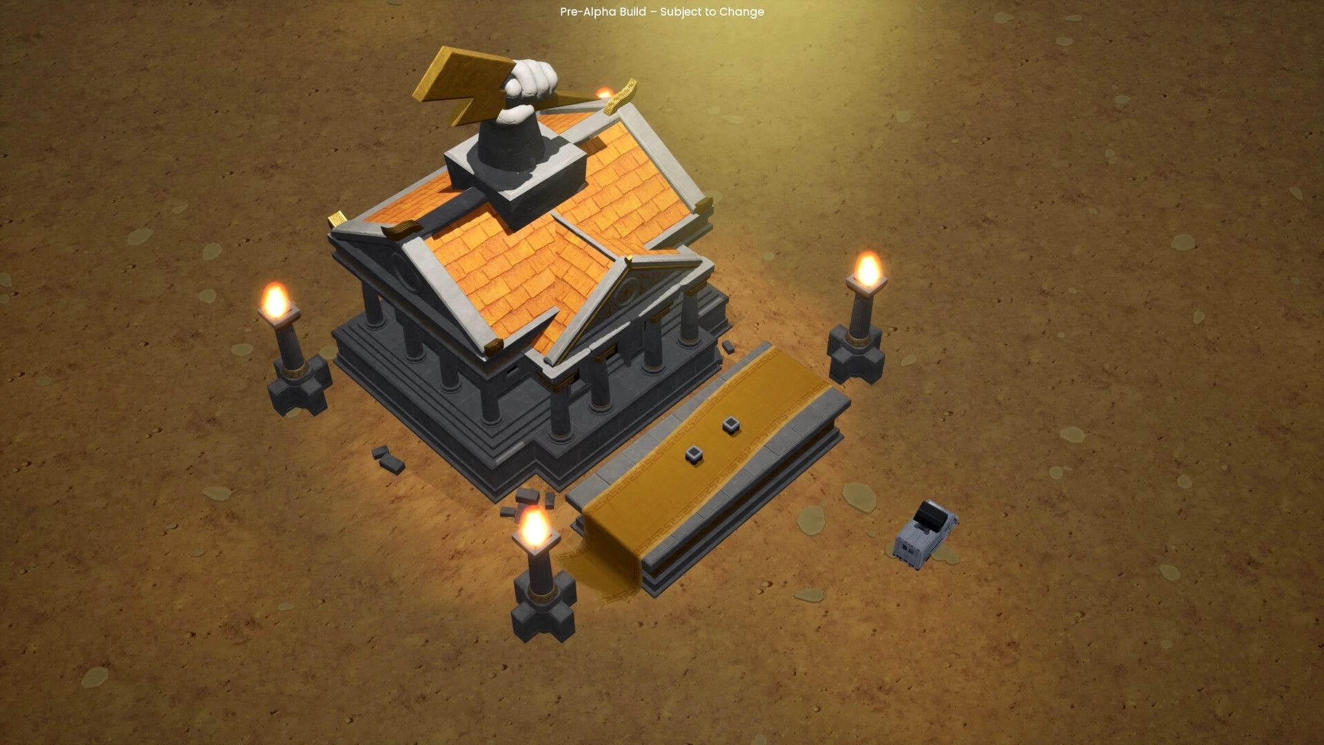 F.E.A.S.T: Temple structure with flaming torches and a golden emblem on a barren landscape