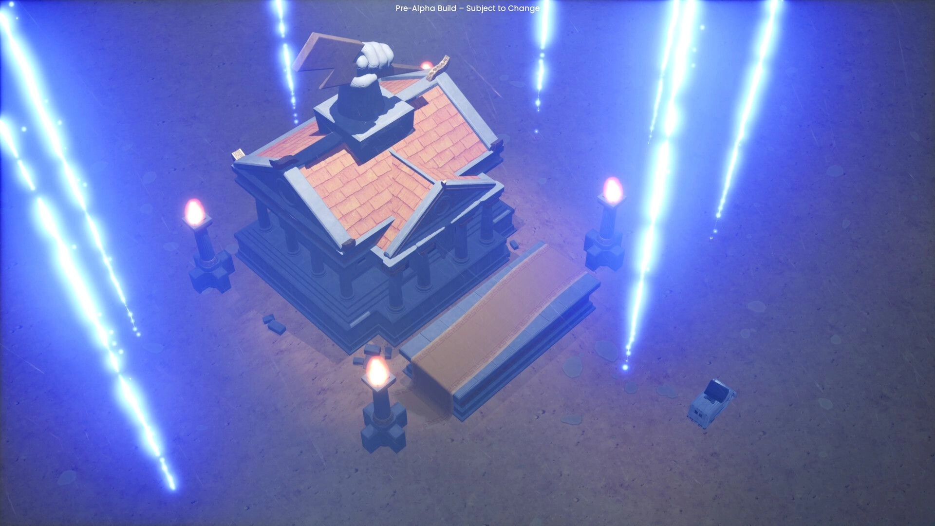 F.E.A.S.T: Overhead view of a temple with glowing pillars and beams of light in a mystical setting
