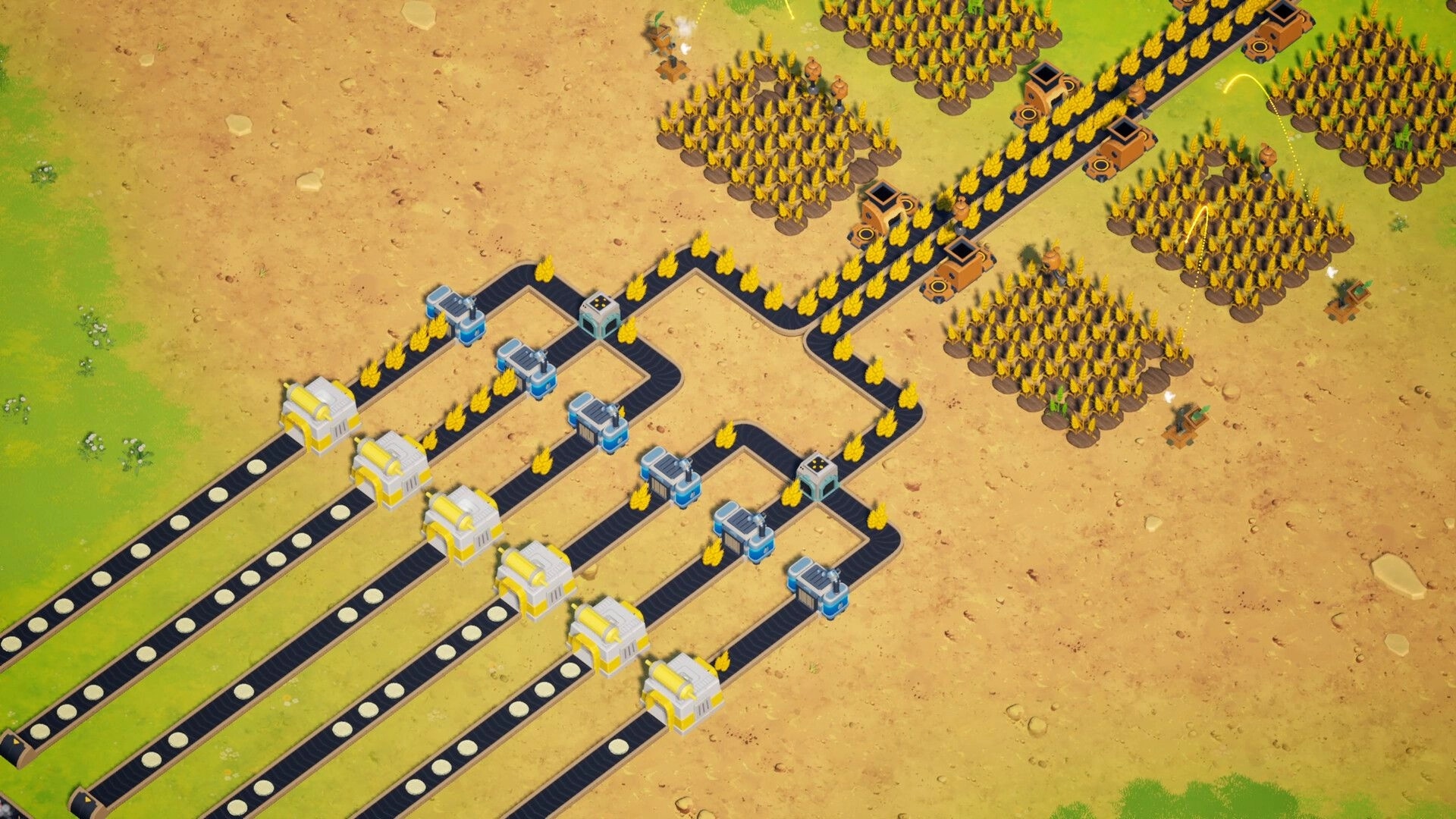 F.E.A.S.T: Automated conveyor belts transport wheat from fields to processing units in a desert setting.