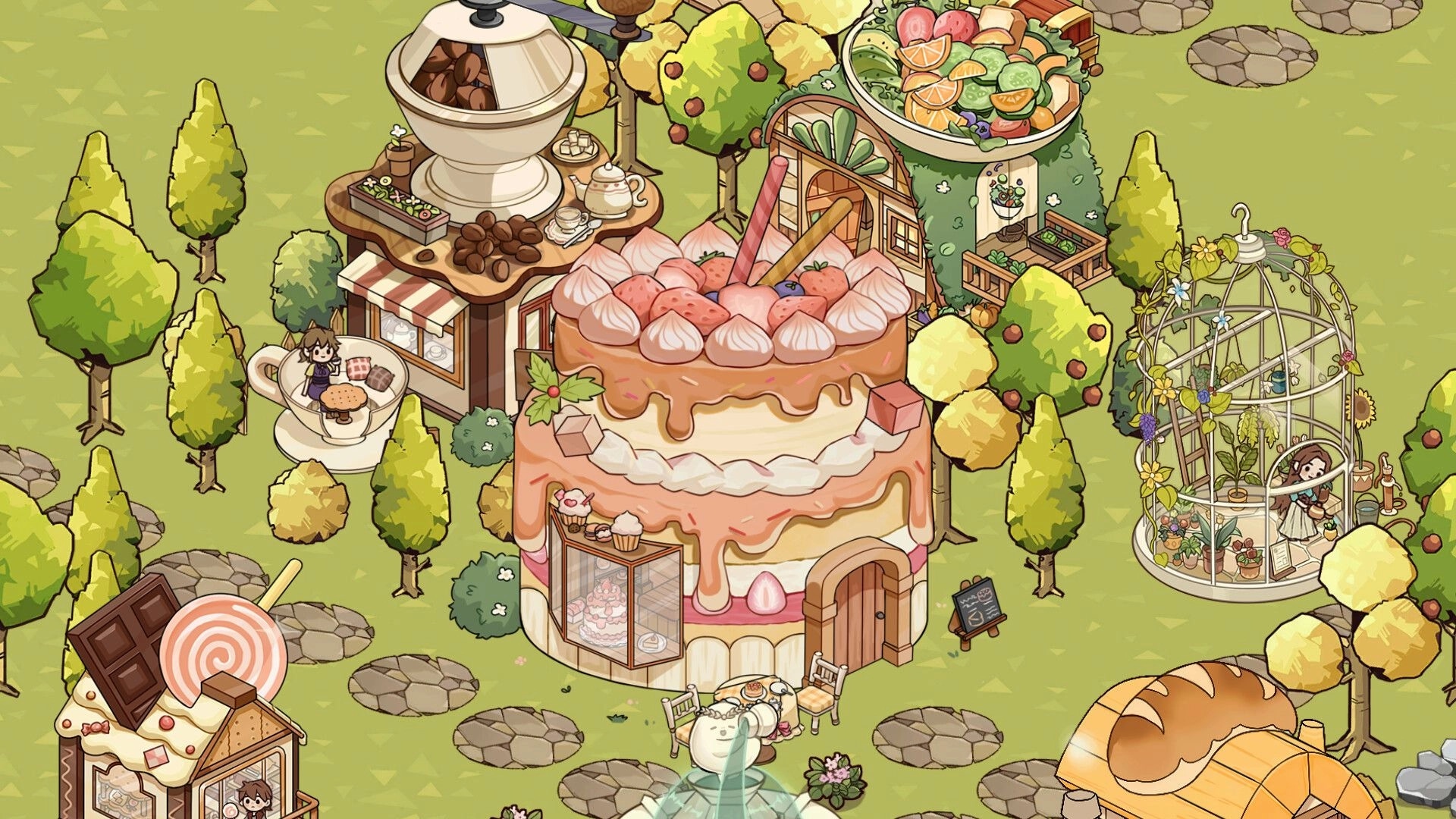Feastopia: Overhead view of cake-shaped building with characters and trees in vibrant village setting