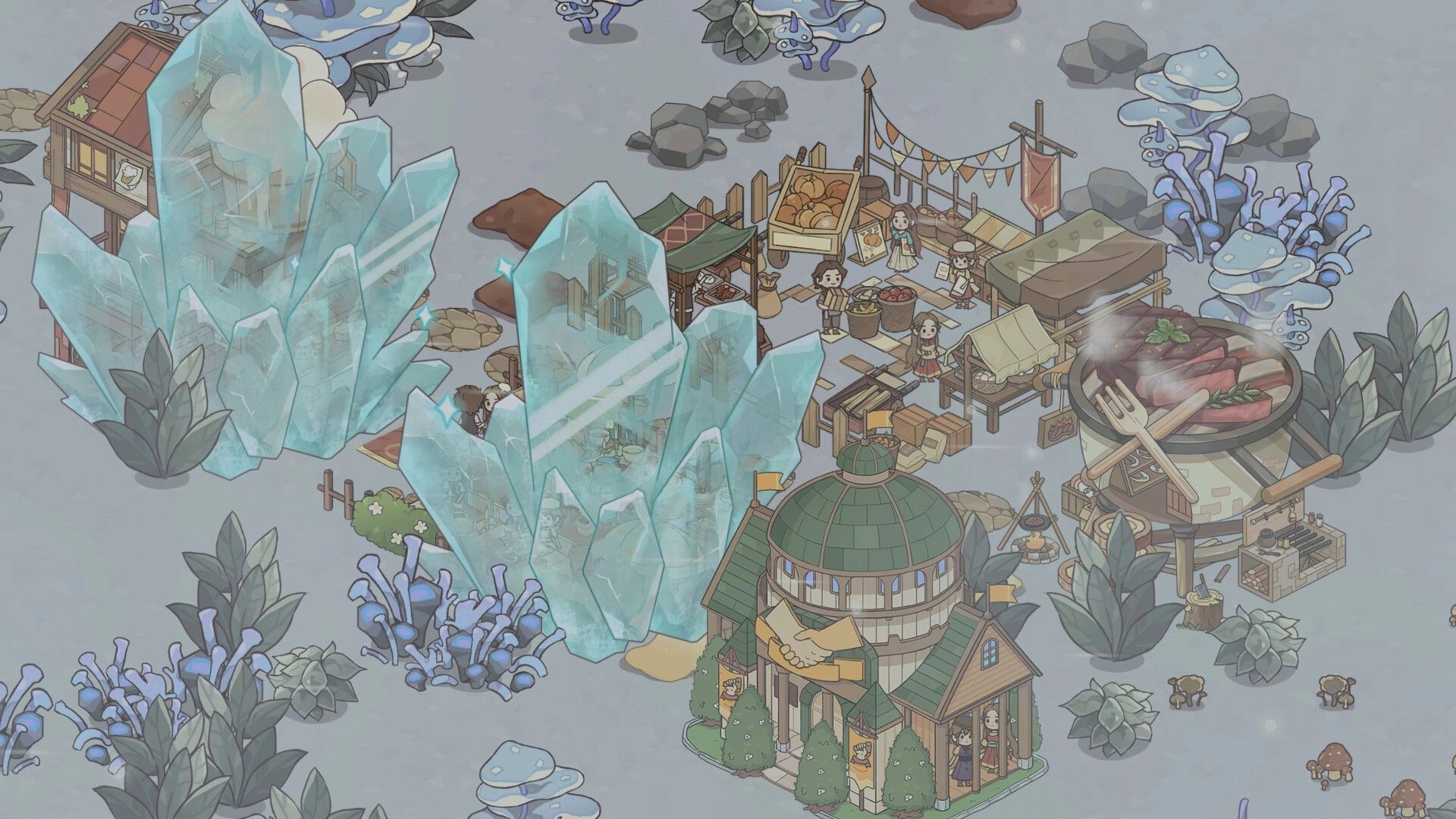 Feastopia: Bustling market scene with stalls and giant crystals in a snowy village environment