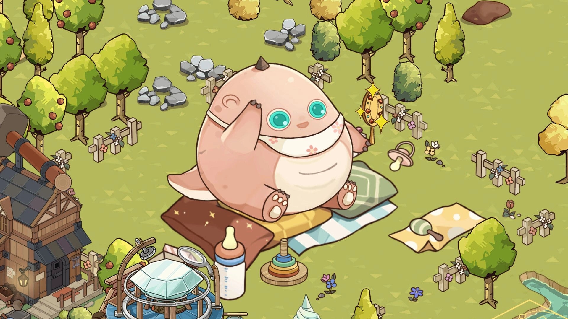 Feastopia: Giant egg creature resting in a vibrant forest clearing, surrounded by trees and picnic items.