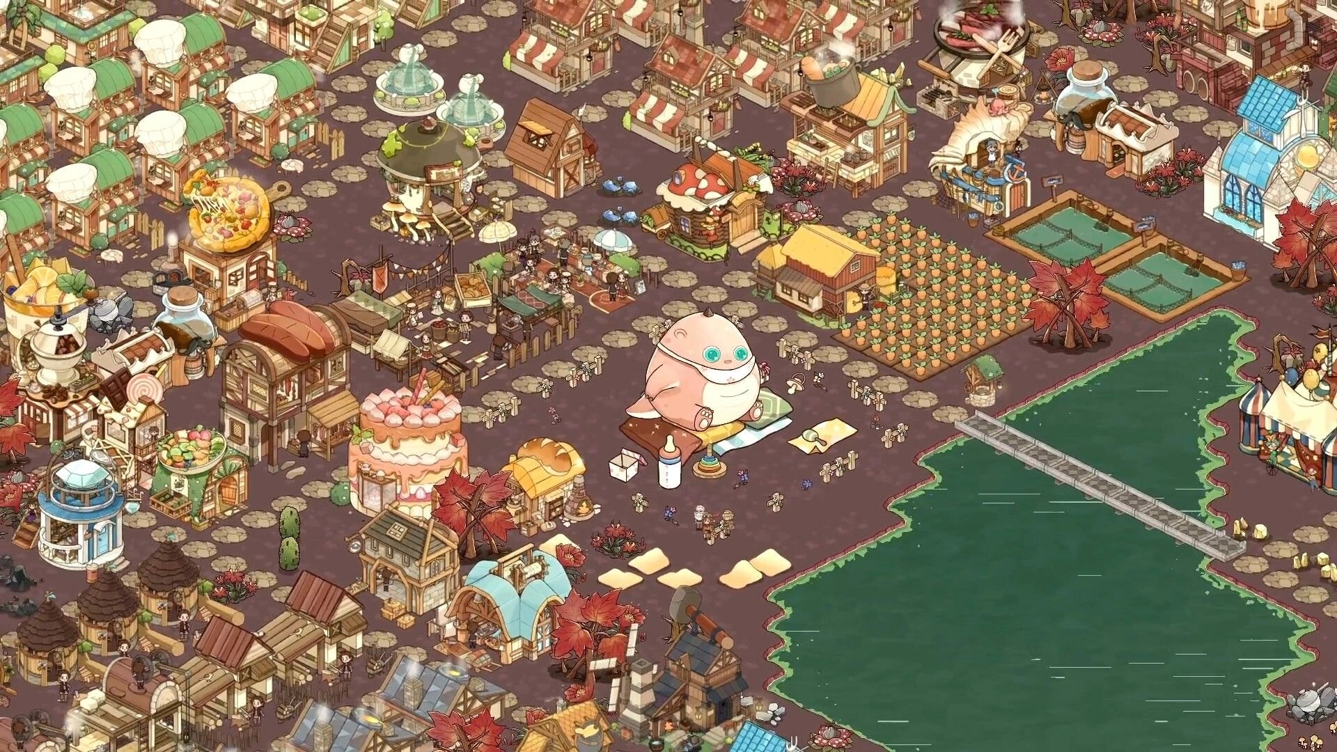 Feastopia: Bustling village scene with giant egg character, diverse buildings, and vibrant marketplace