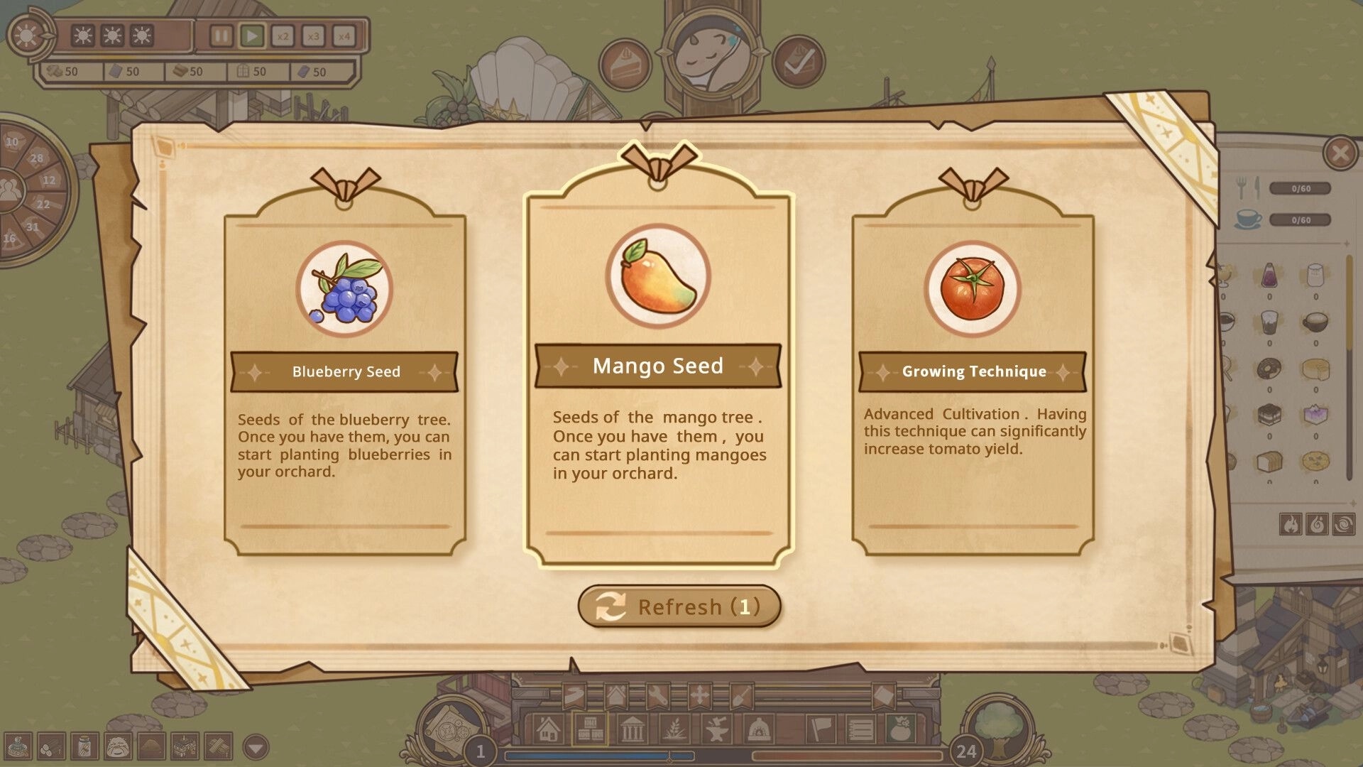 Feastopia: Seed selection menu featuring Blueberry Seed, Mango Seed, and Growing Technique options