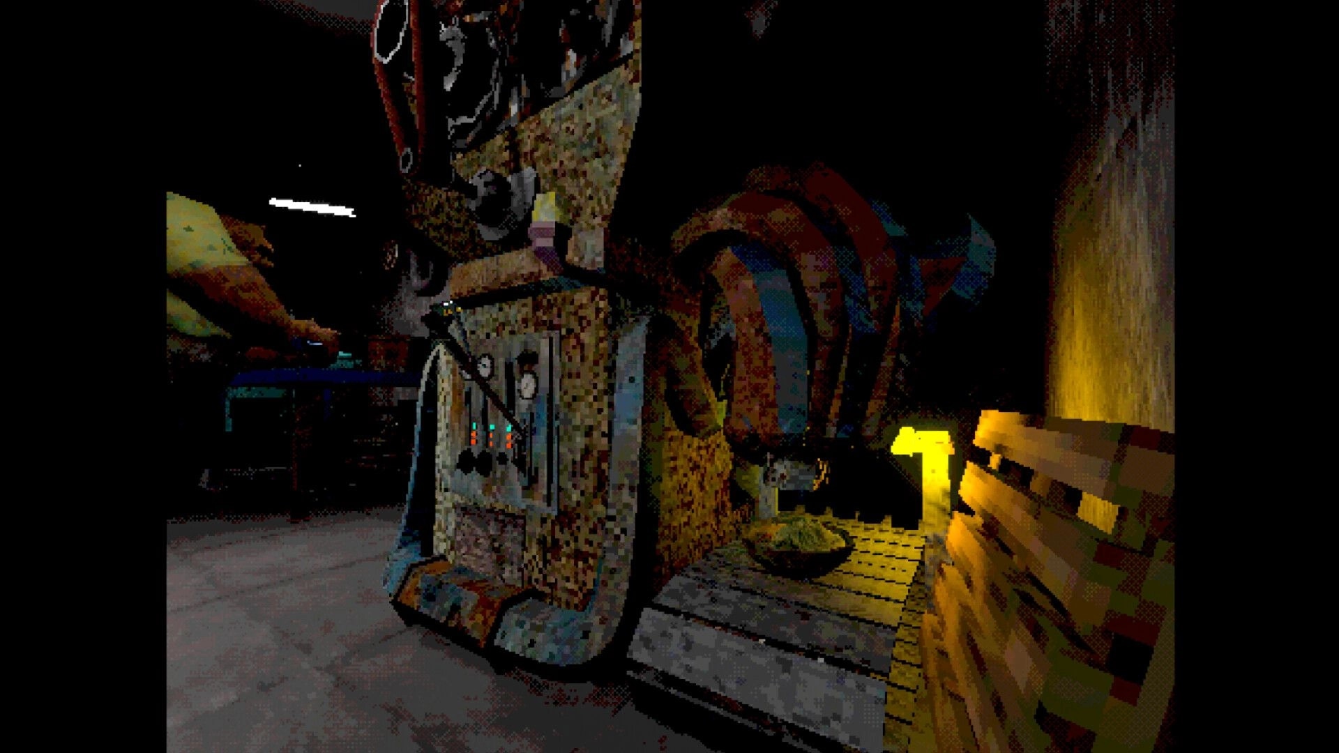 FEED IT: First-person view of a grimy machine with coiled pipes beside a lit wooden railing in darkness.