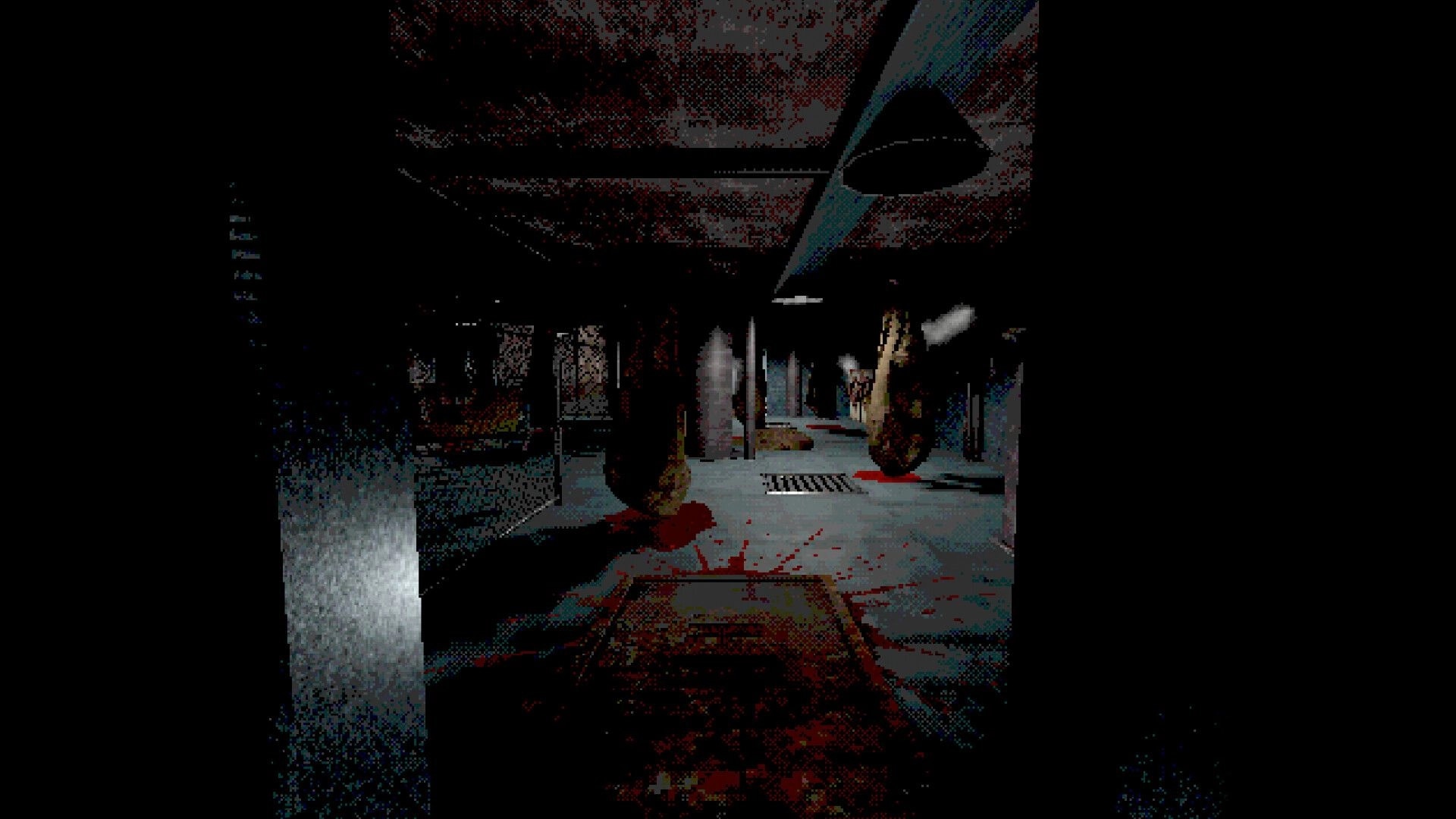 FEED IT: First-person view down a dark hallway with hanging meat, blood stains, and a floor drain.