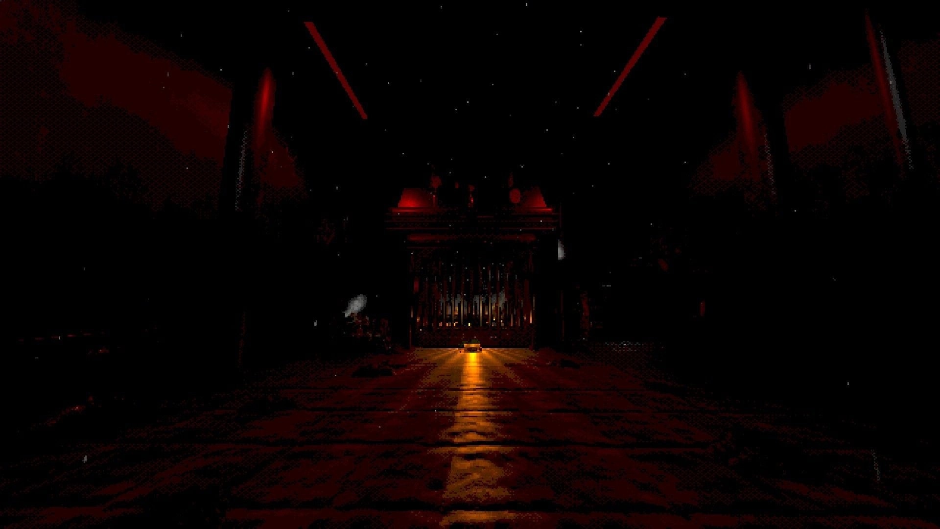 FEED IT: First-person view down a dark red-lit corridor toward a barred gate with a floor light.