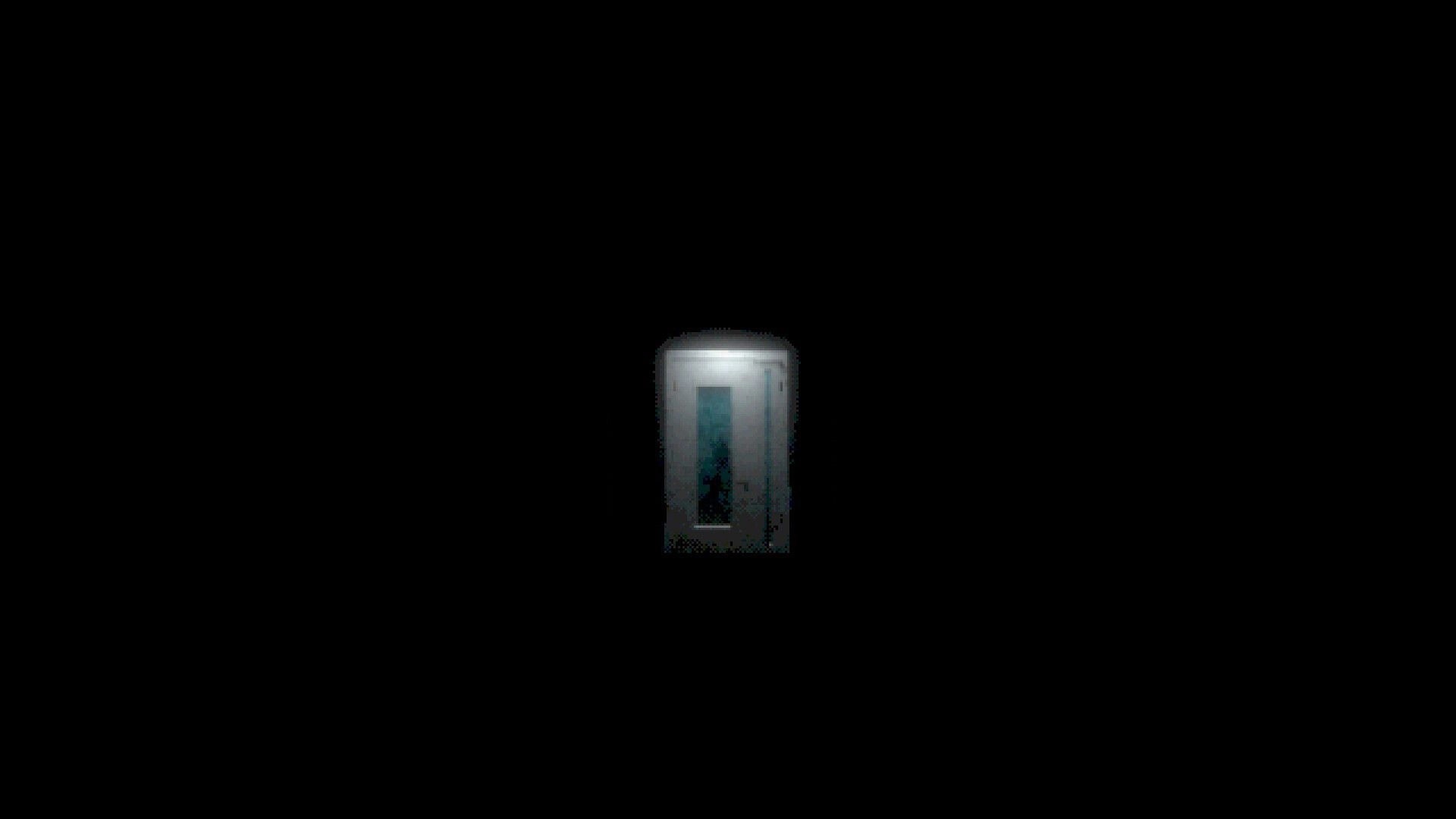 FEED IT: First-person view of a dimly lit door with a narrow window, surrounded by darkness.