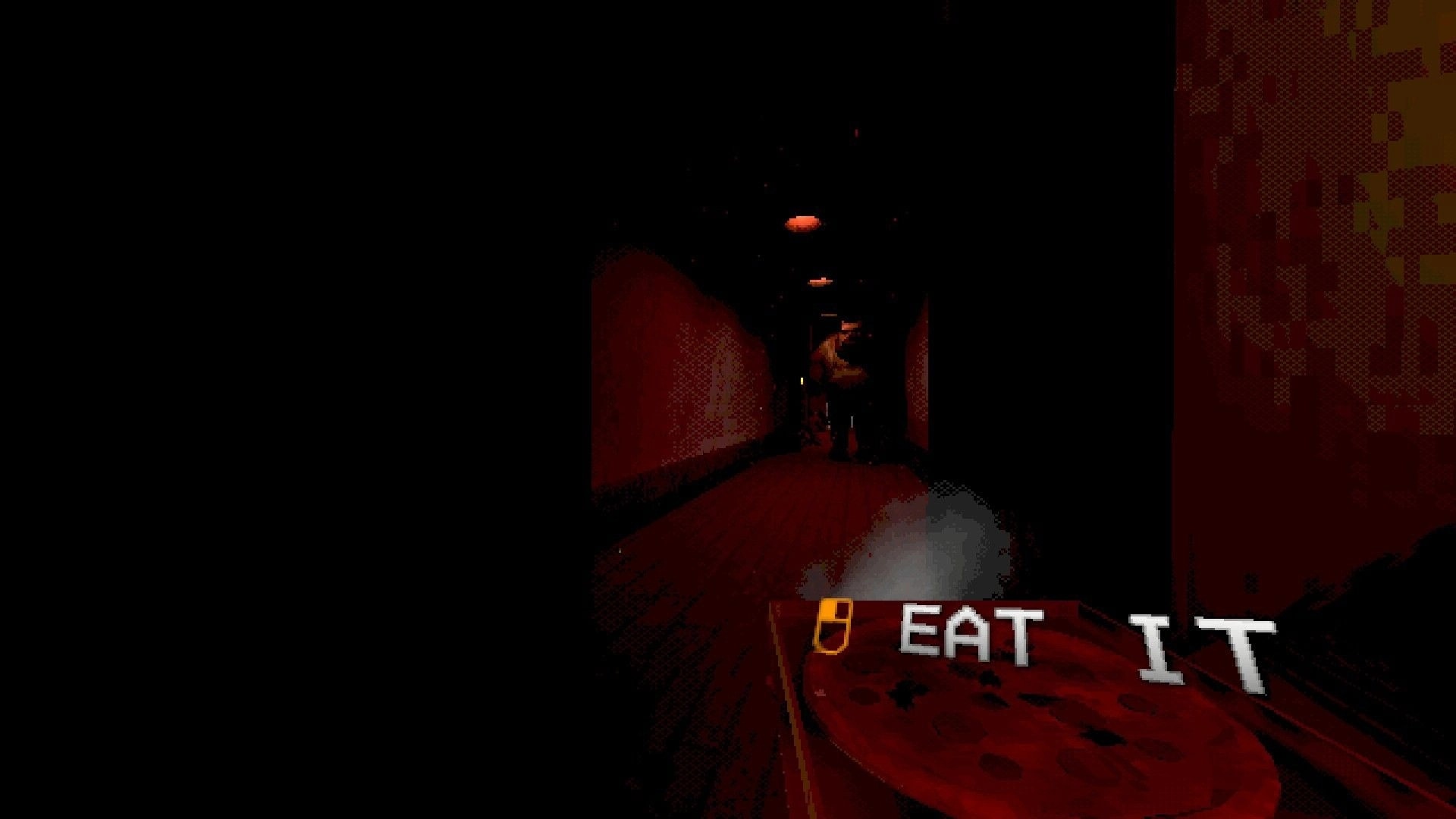 FEED IT: First-person view holding a plate, EAT IT prompt, facing a hulking figure in dark hallway.